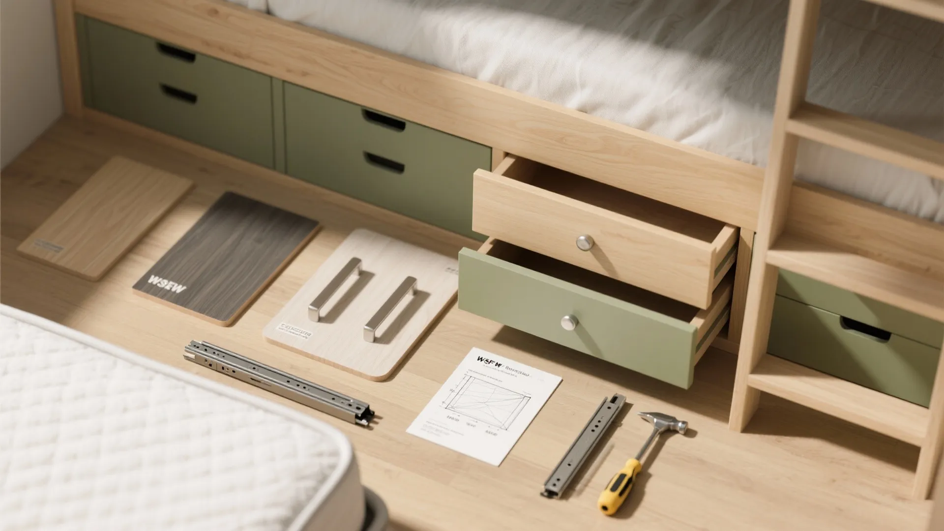 Flatlay of painted plywood samples, laminate swatches, hardware and a budget sketch for built-in bunk storage.