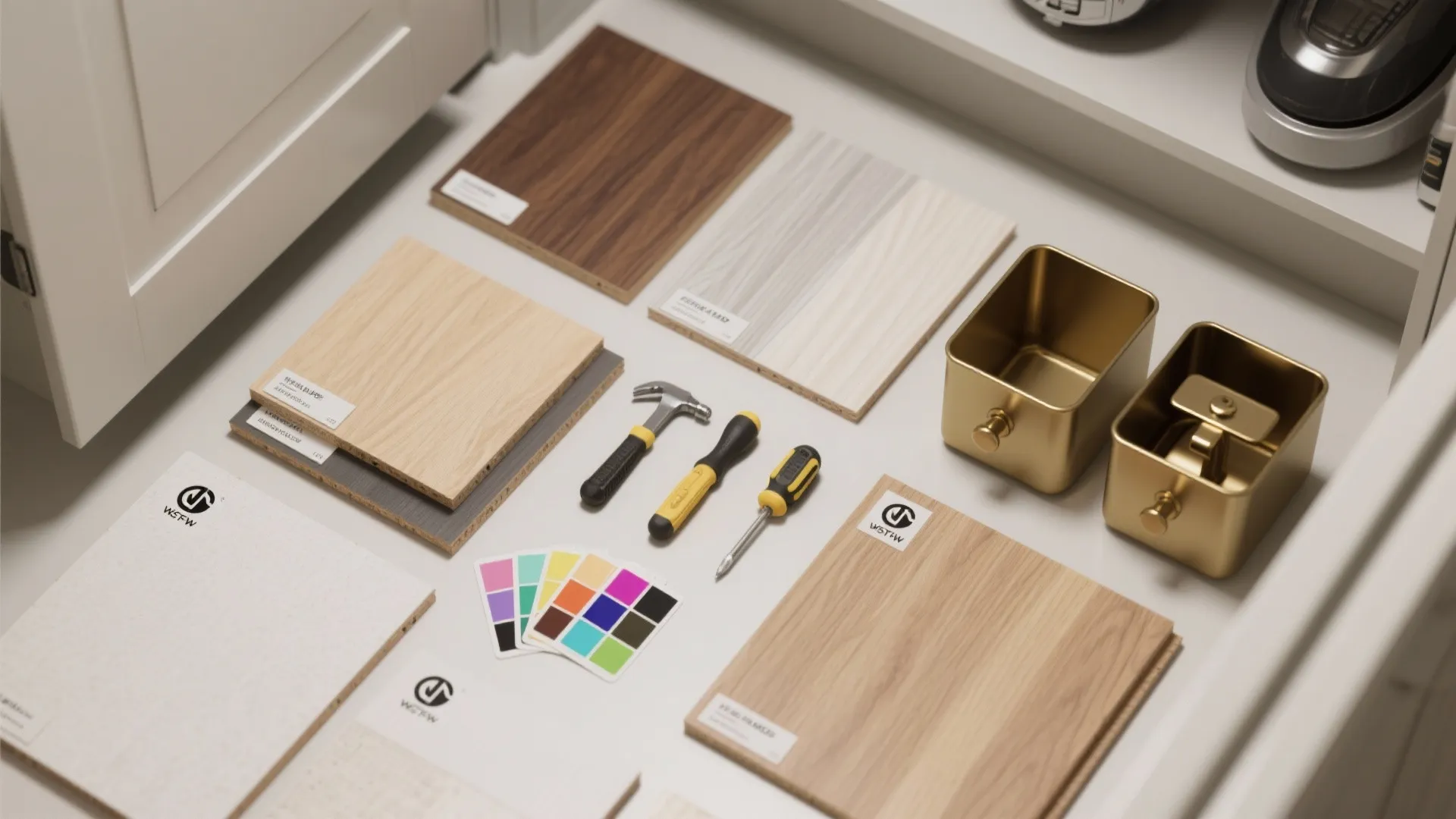 Collection of wood floor samples color swatches and tools for interior design project planning layout