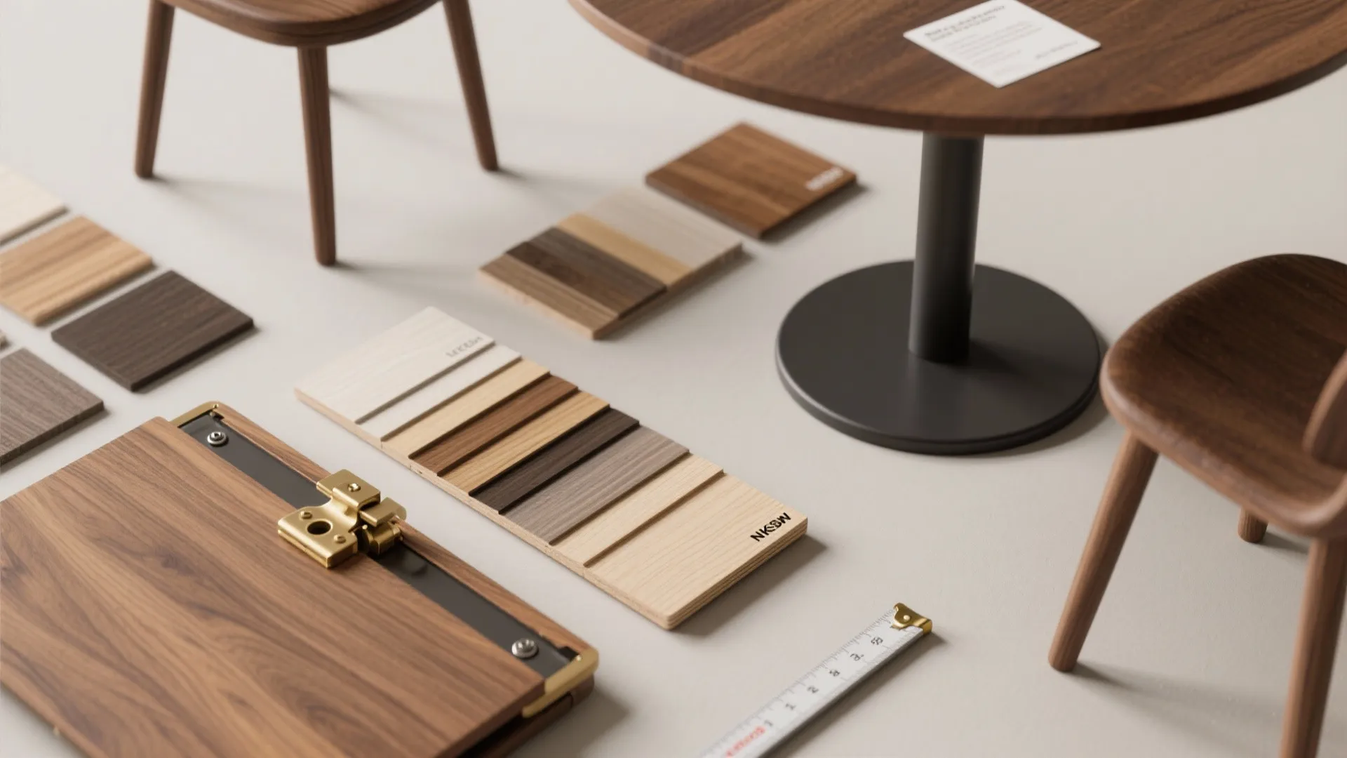 Flatlay of wood veneers, laminate swatches, hinges and brackets for round drop-leaf table planning.