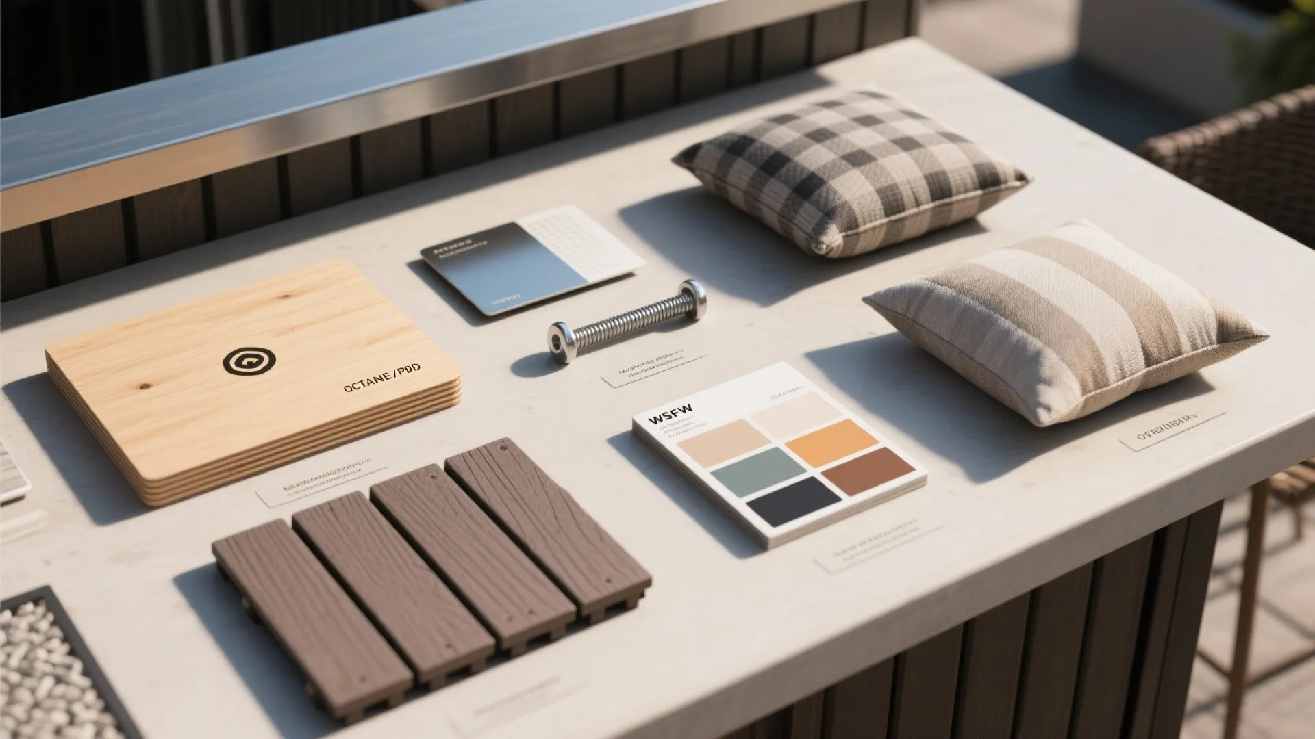 Interior design materials with wood samples color palette small pillows and metal pieces on surface