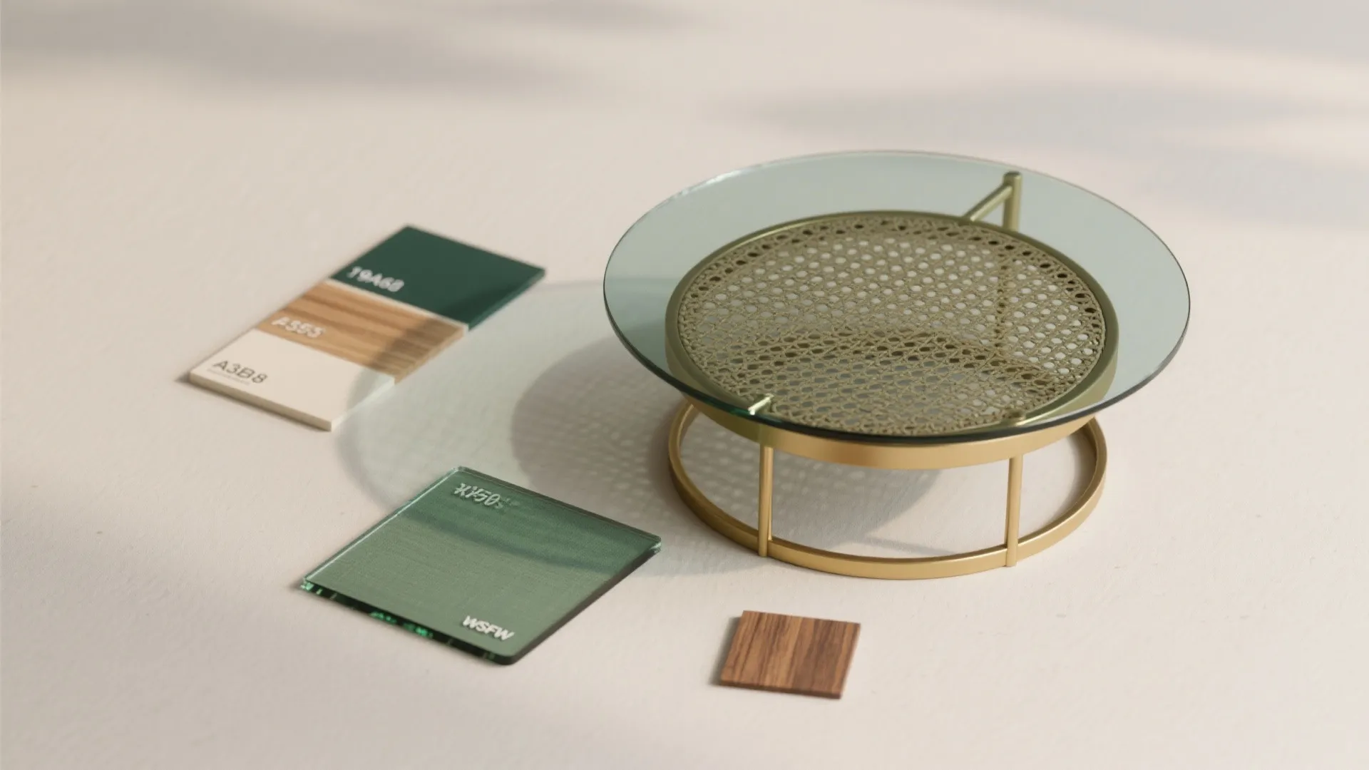 Flatlay of material samples: rattan, brass frame, tempered glass, acrylic, and wood veneer for round coffee tables.