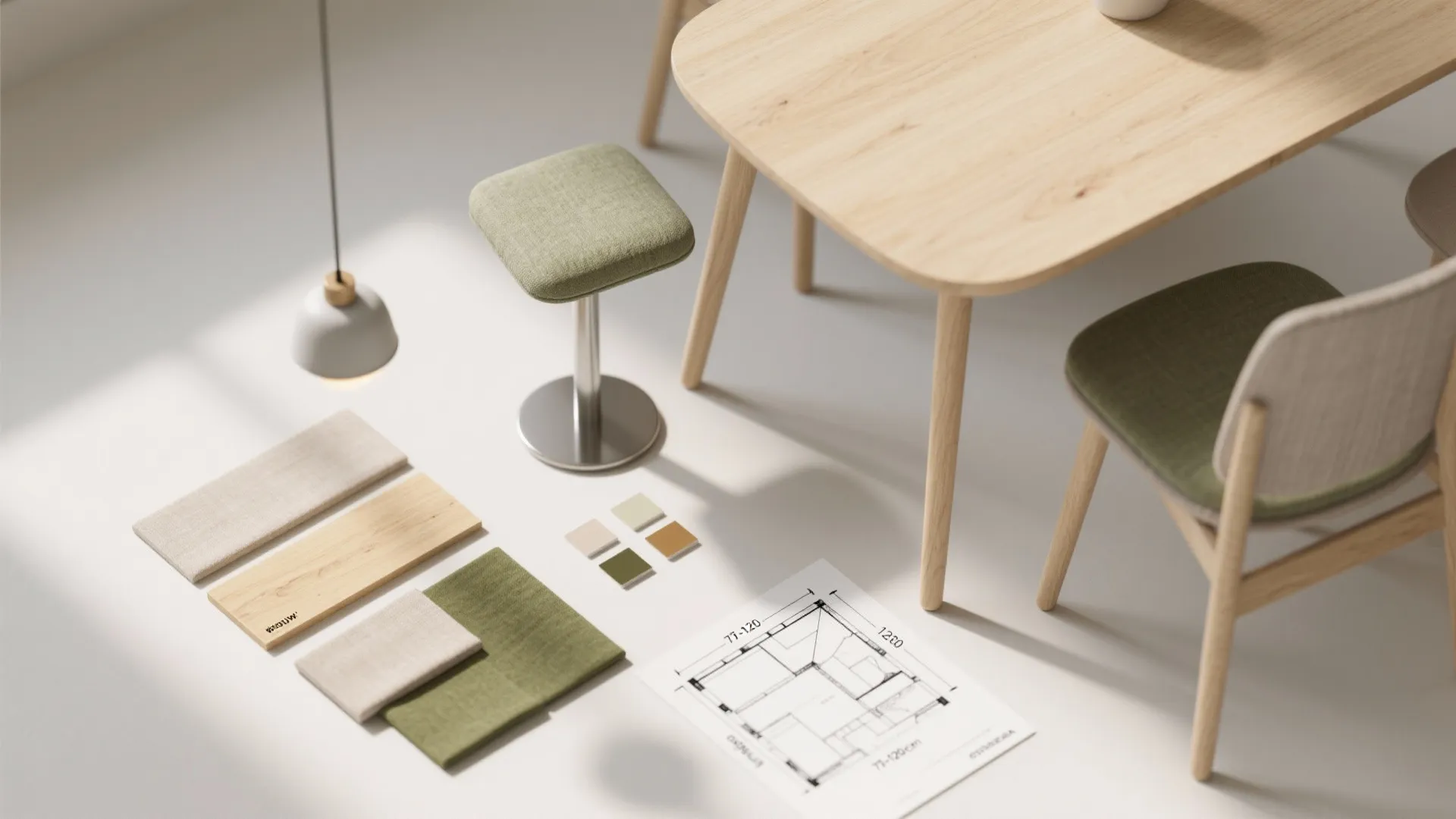 Top-down flatlay of material samples and a small floorplan showing clearance recommendations for tiny dining areas.