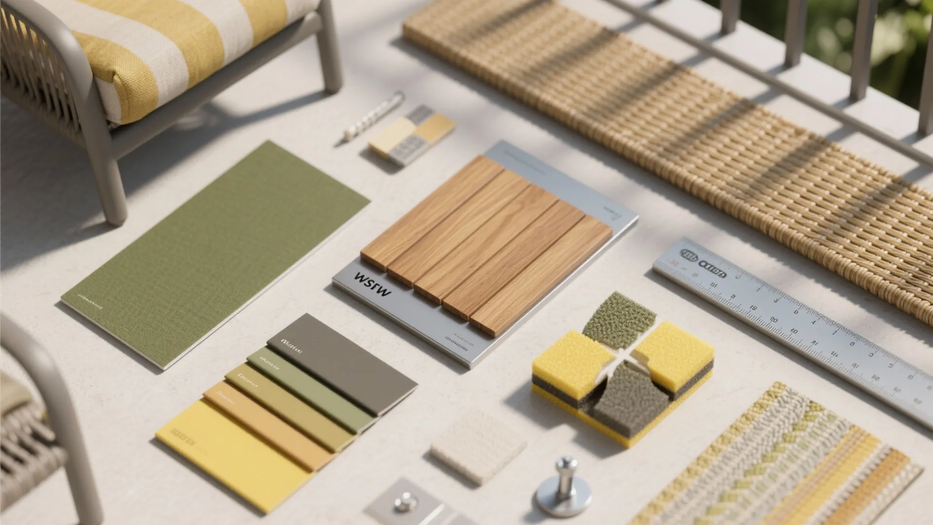 Interior design materials flatlay with wood samples fabric swatches color cards and a metal ruler