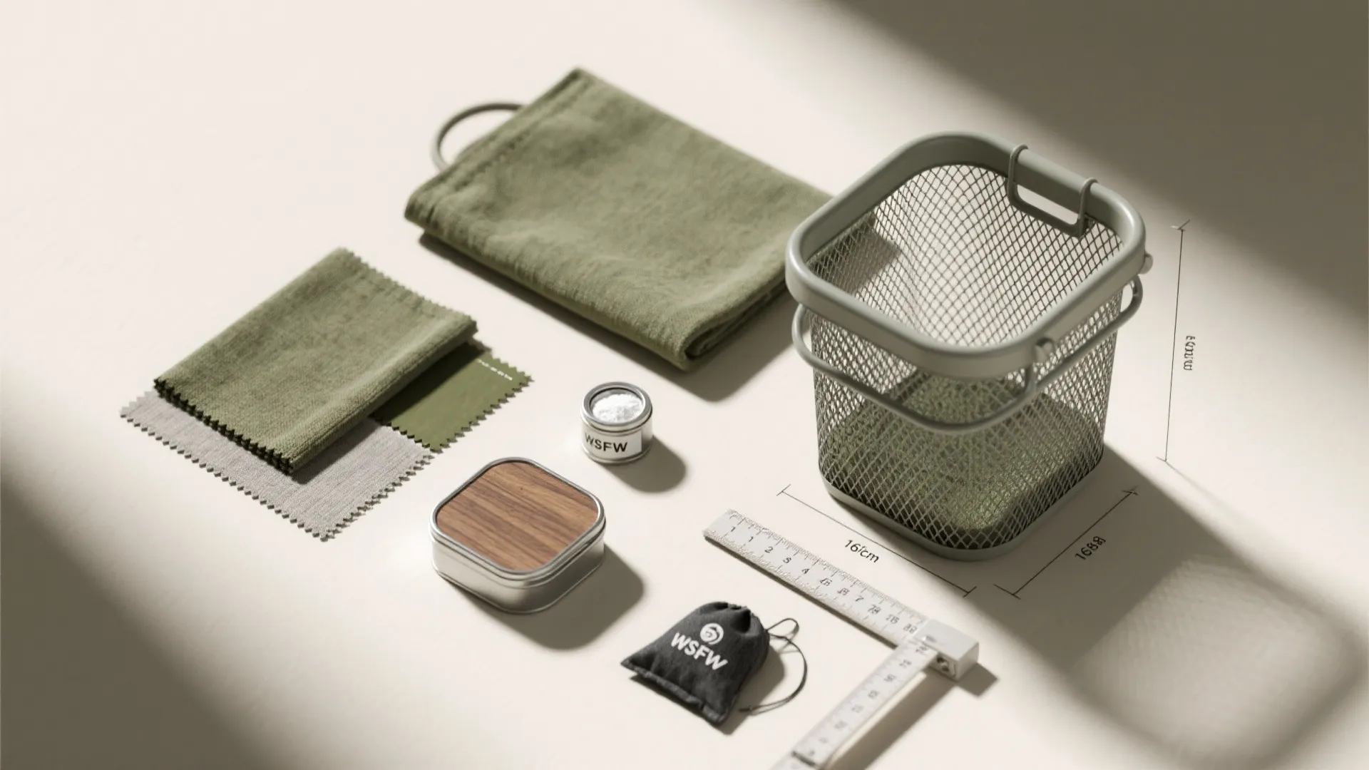 Design flat lay with green fabric samples metal mesh basket ruler and product storage boxes