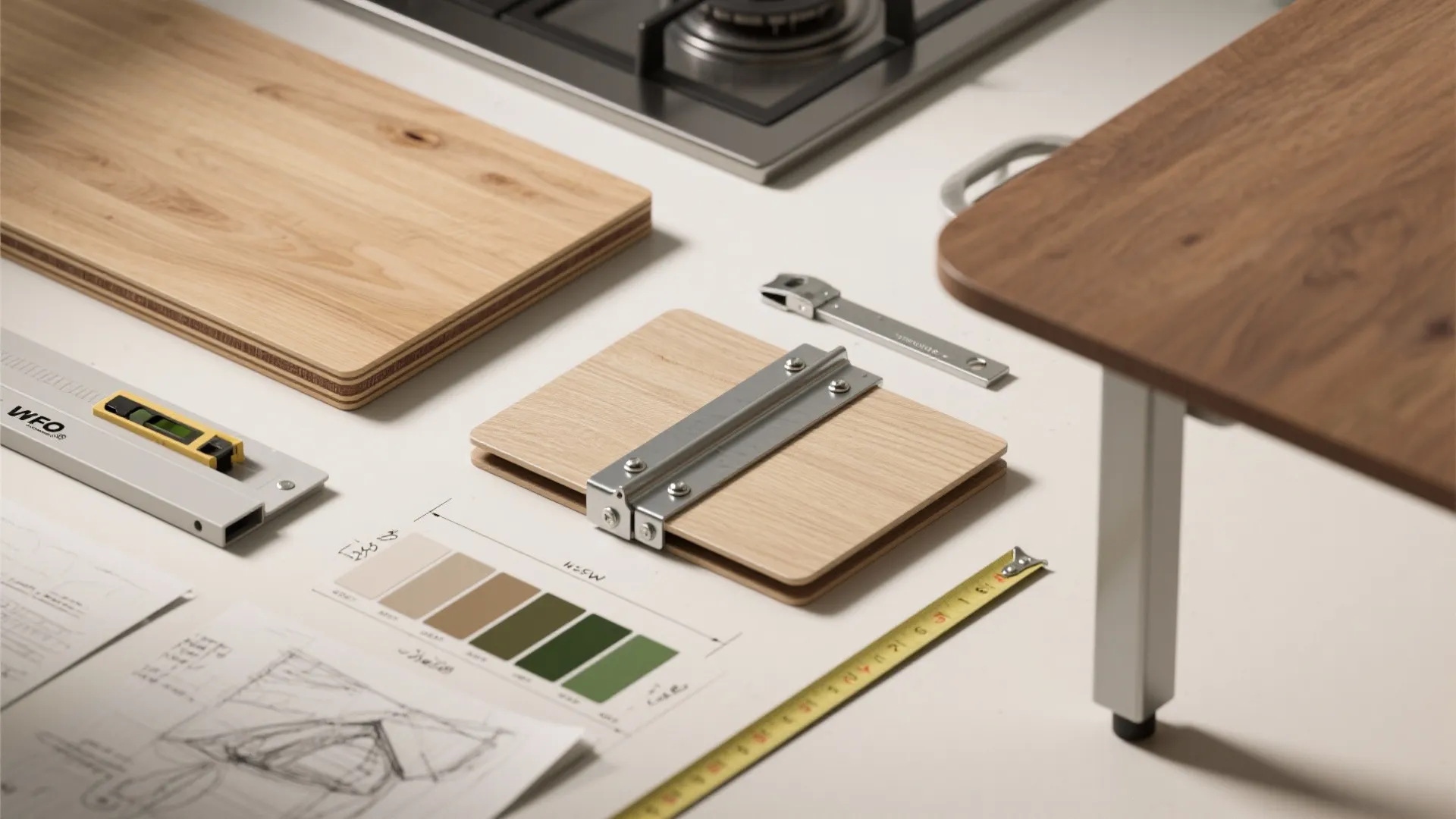Top-down flatlay of wood samples, plywood edge banding, hinges, brackets, measuring tape and color swatches.