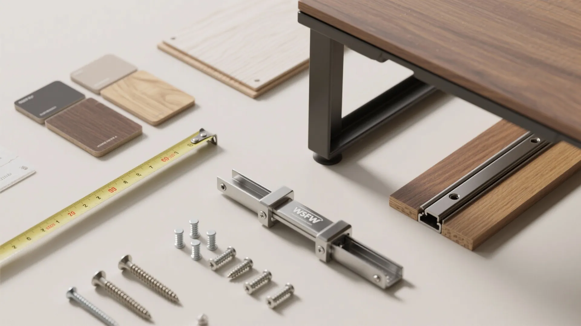 Flatlay of plywood, varnished wood, laminate samples and mounting hardware for foldable kitchen tables.