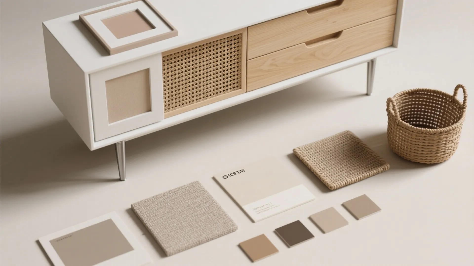 White cabinet with rattan doors surrounded by fabric samples and color swatches on the floor