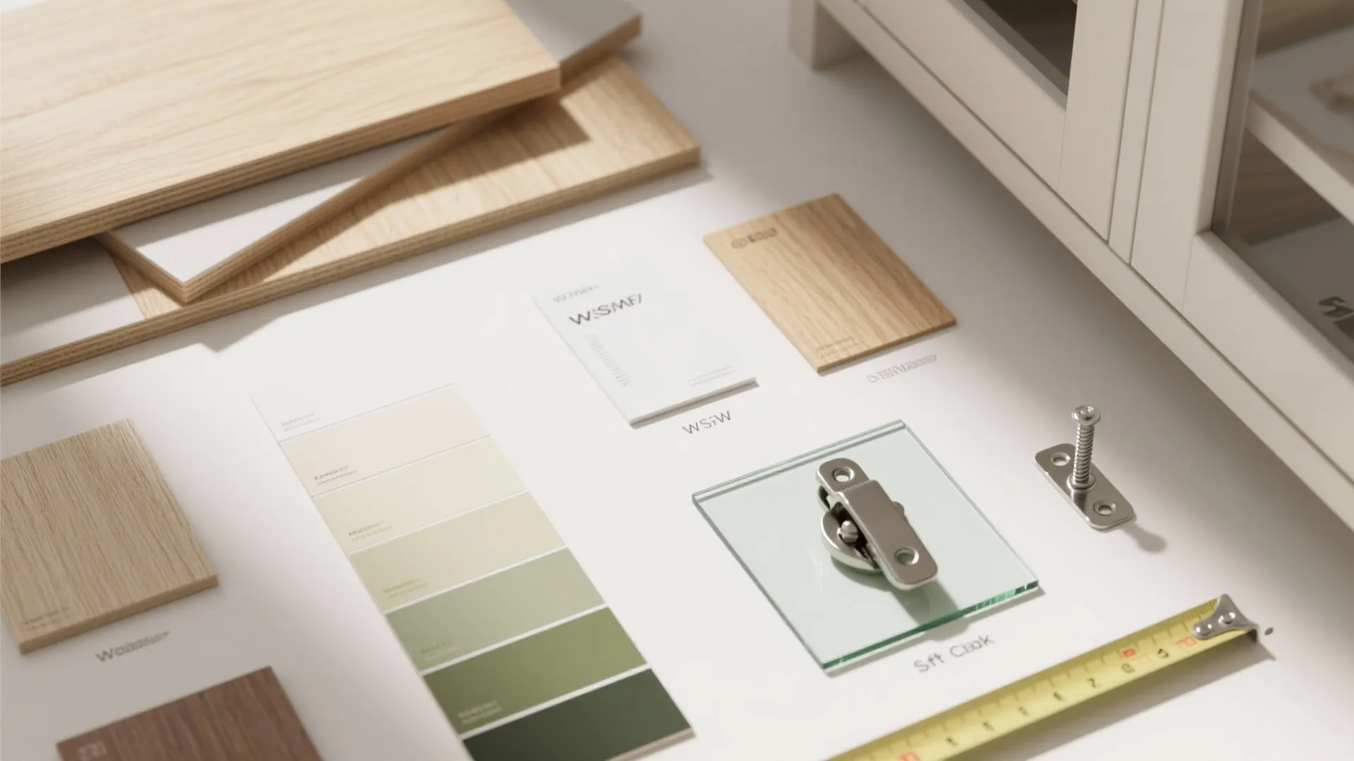 Interior design materials flatlay with wood samples color palette green paint chips glass and measuring tape