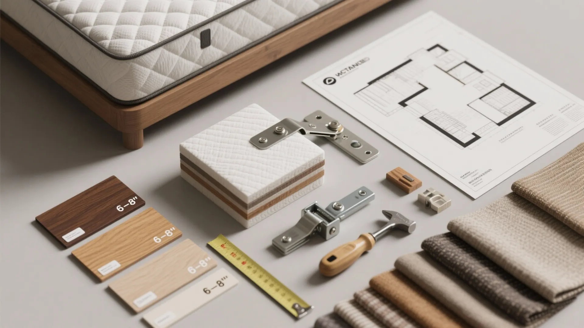 Wood samples fabric swatches floor plan and building tools arranged on a table for renovation