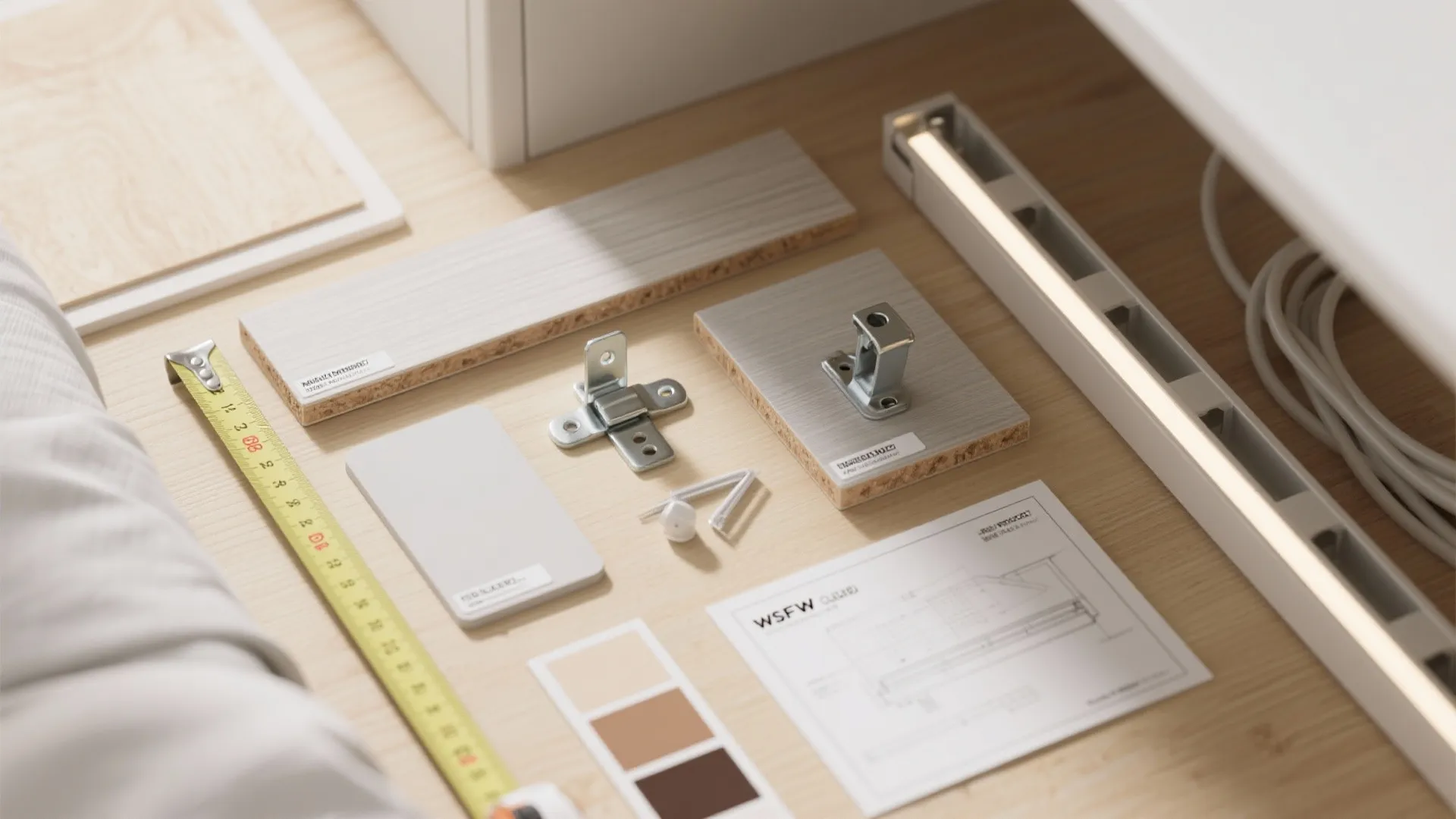 Collection of interior design materials including wood samples measuring tape light fixture and technical drawing