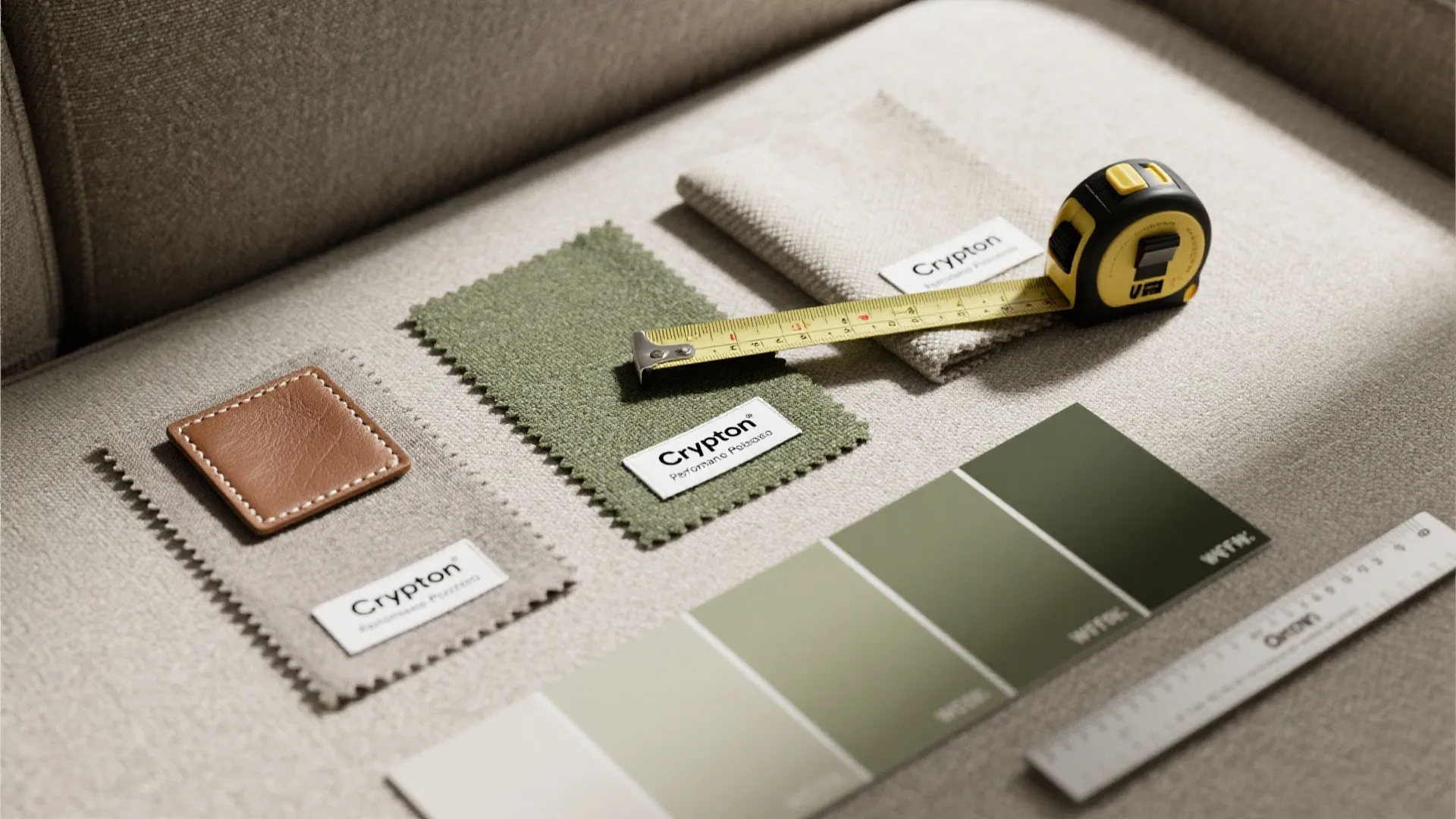 Top-down flatlay of sofa fabric swatches, leather sample and a tape measure for small-sofa planning