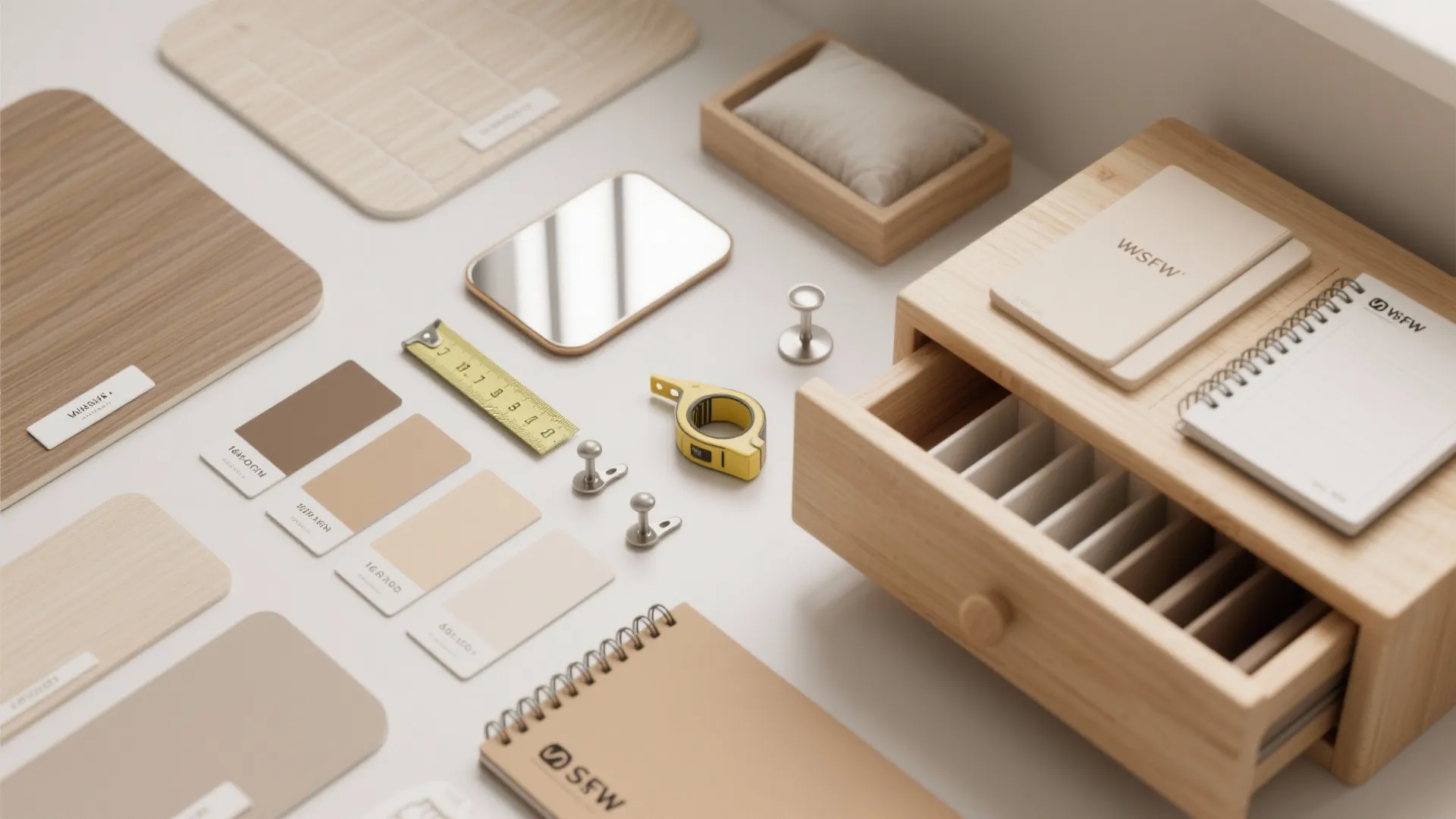 Interior design materials flatlay featuring wood samples color swatches measuring tape and a small cabinet