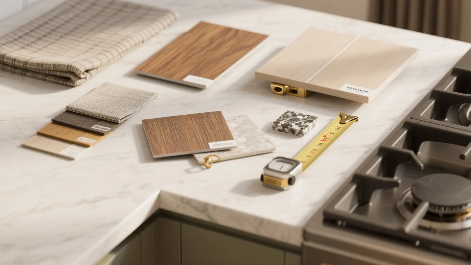 Selection of wood samples fabric swatches and measuring tape on a white marble kitchen counter
