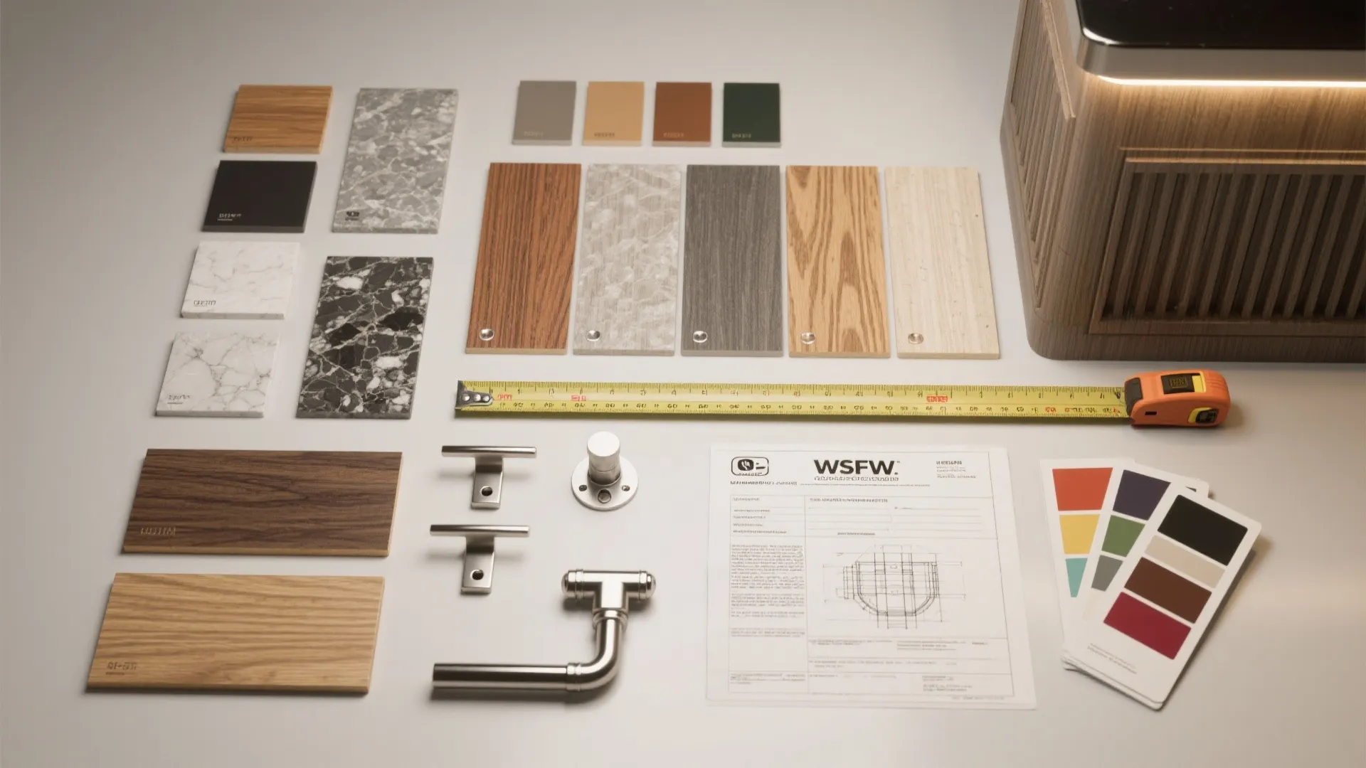 Top-down flatlay of material swatches, hardware samples, permits and sketches for a small basement bar project.