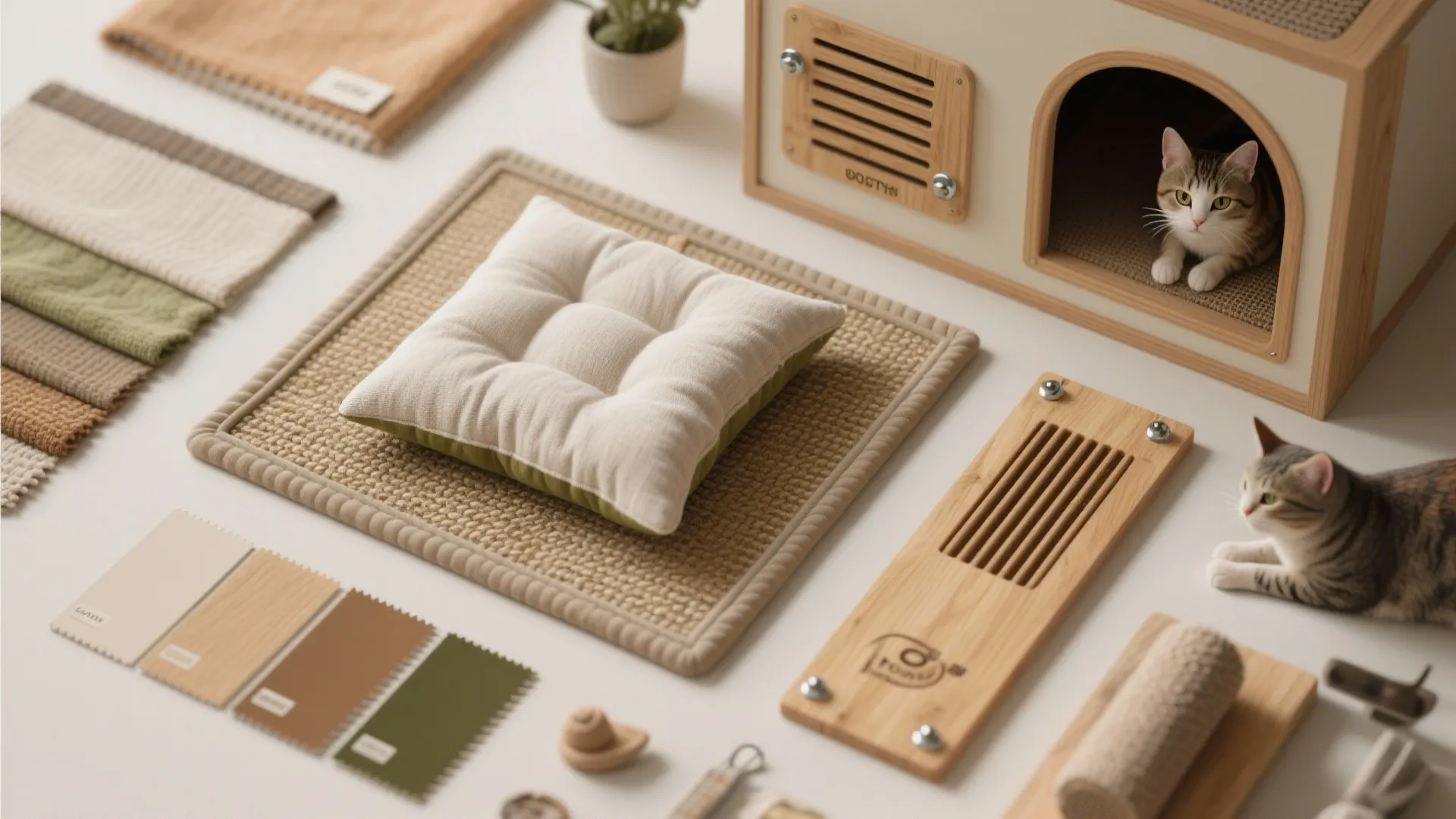 Flat lay of interior design materials including fabric swatches wood samples and small pet furniture