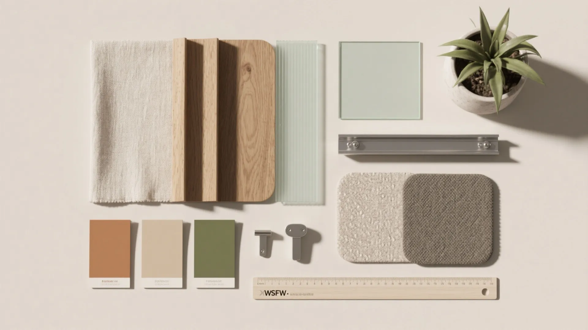 Interior design material samples including wood fabric glass color cards and ruler on white surface