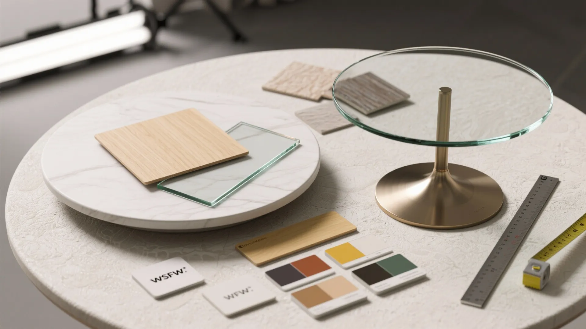 Material samples including wood and glass pieces with color swatches and a yellow tape measure