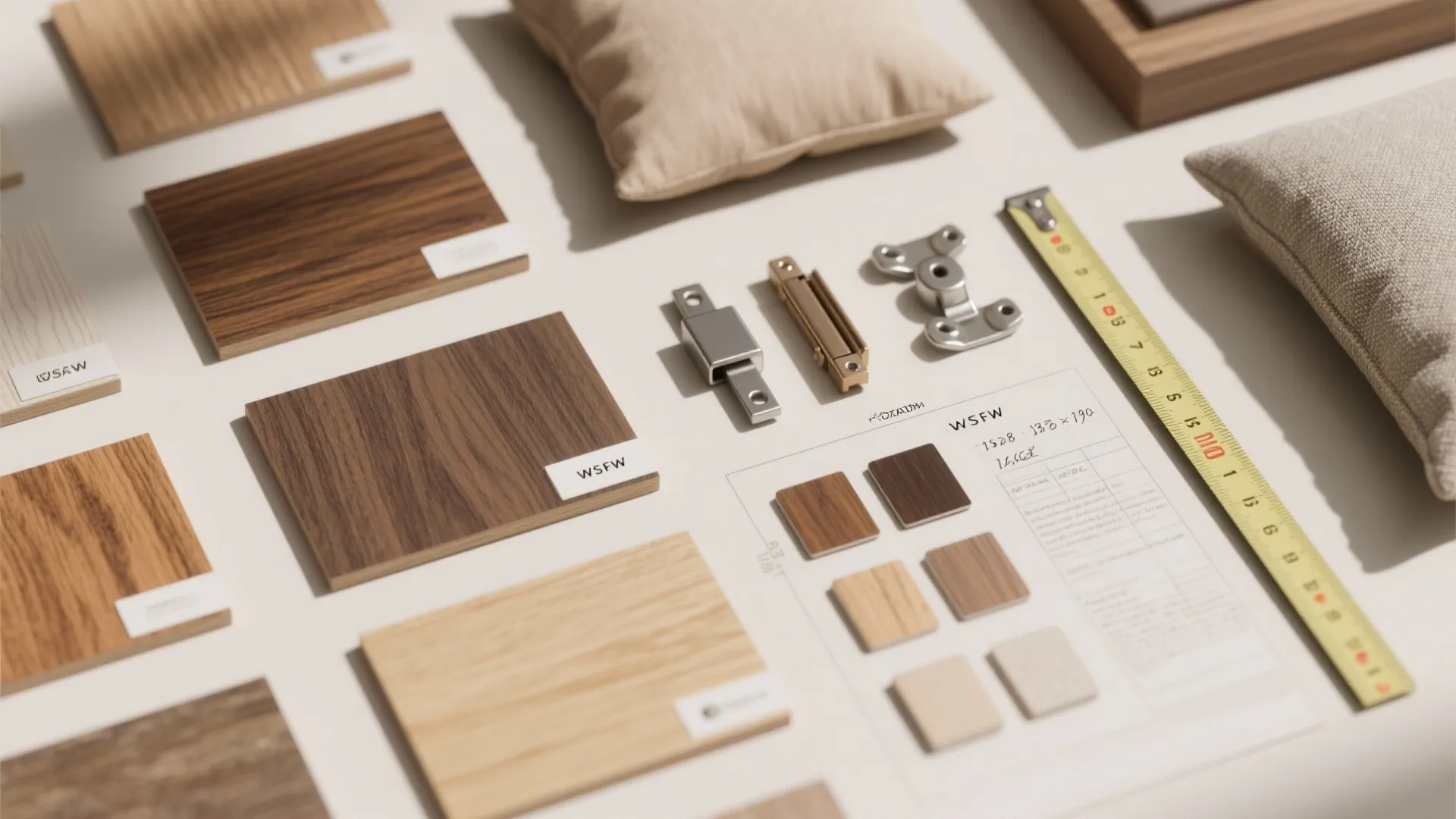 Top-down flatlay of veneer swatches, metal slide samples, hinge parts and fabric samples for extendable tables.