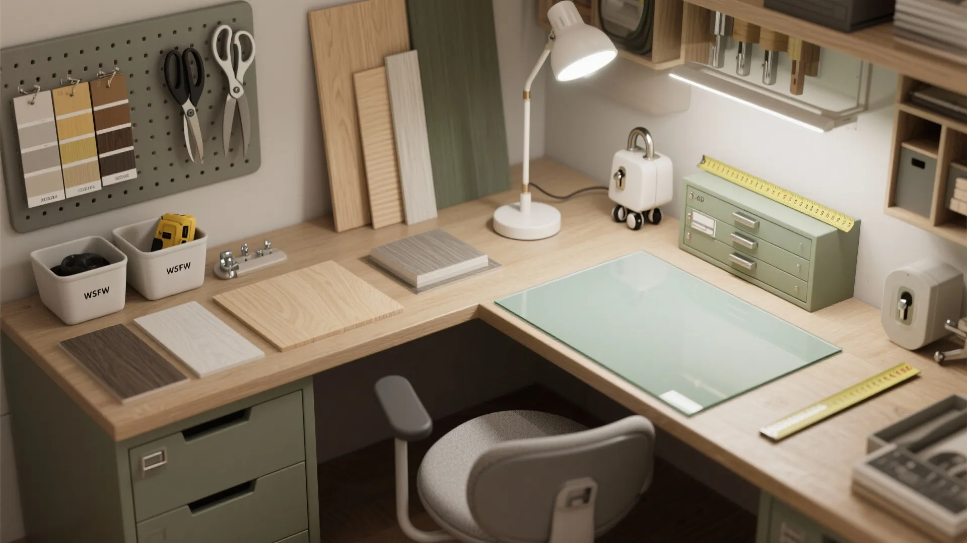 Modern wood desk with material samples and white desk lamp in a tidy home office