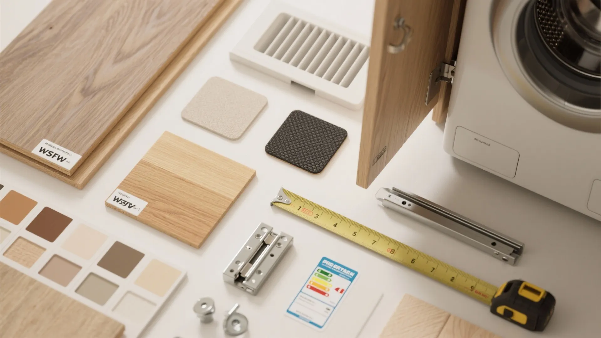 Top-down flatlay of materials and hardware: plywood sample, laminate swatch, anti-vibration pads, vent kit and measuring tools.