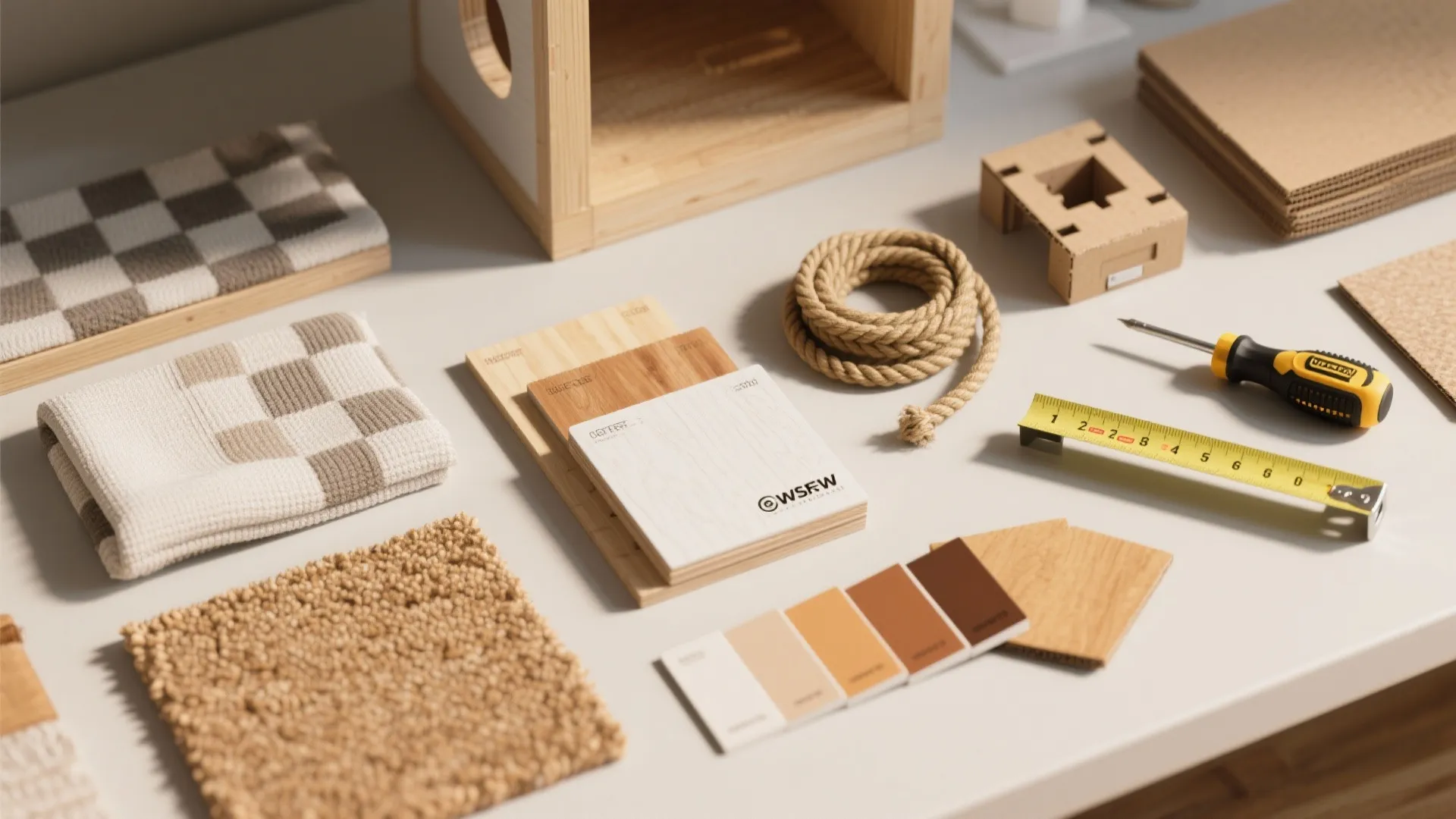 Flat lay of interior design materials including wood samples fabric swatches rope tape measure and screwdriver