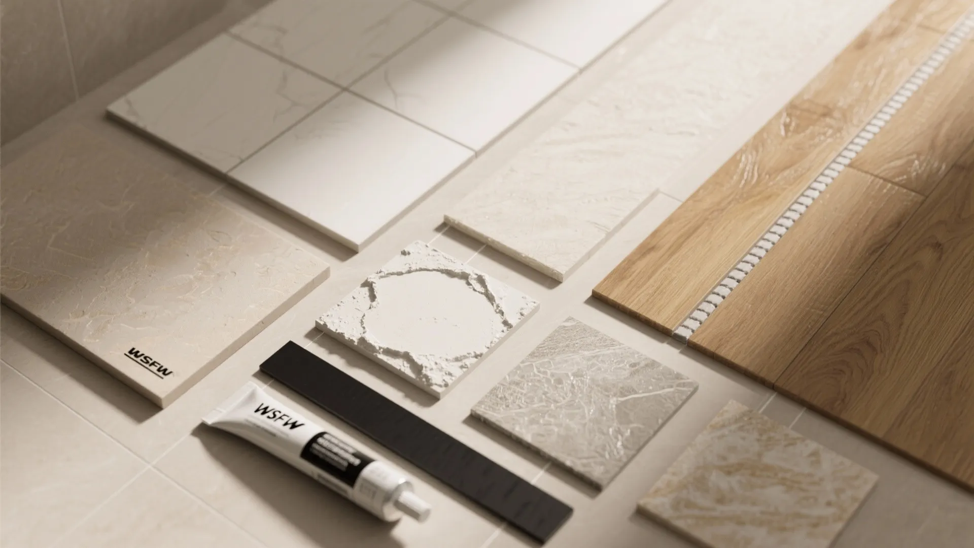 Selection of interior design materials including marble tiles wood flooring samples and small tube of glue