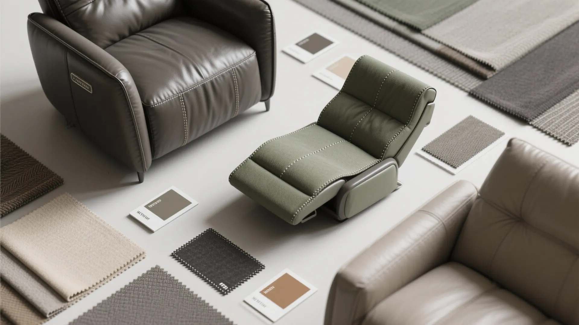 Flatlay of leather, faux-leather and performance fabric swatches with color chips for choosing slim recliner upholstery.