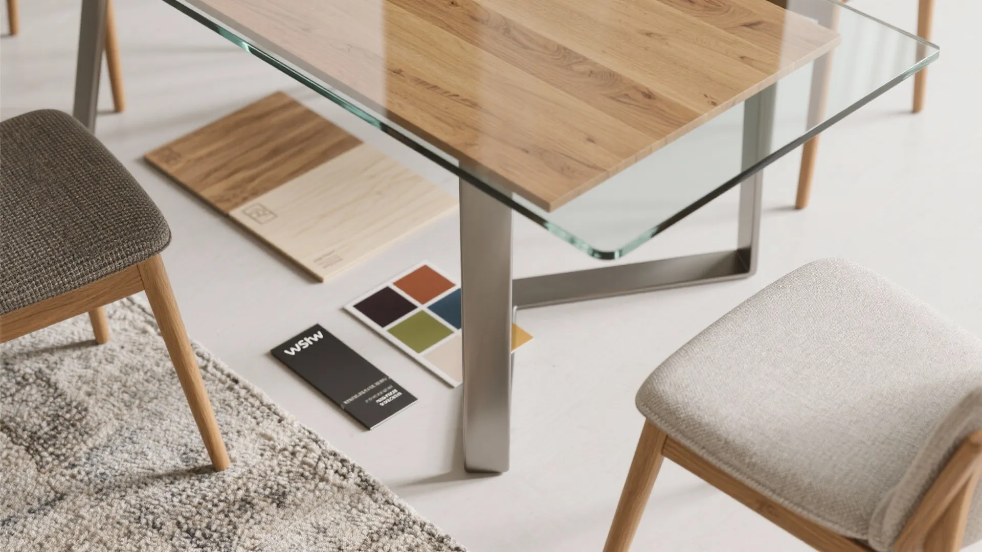 Flatlay of wood, metal and glass samples and fabric swatches for a mixed-material dining set.