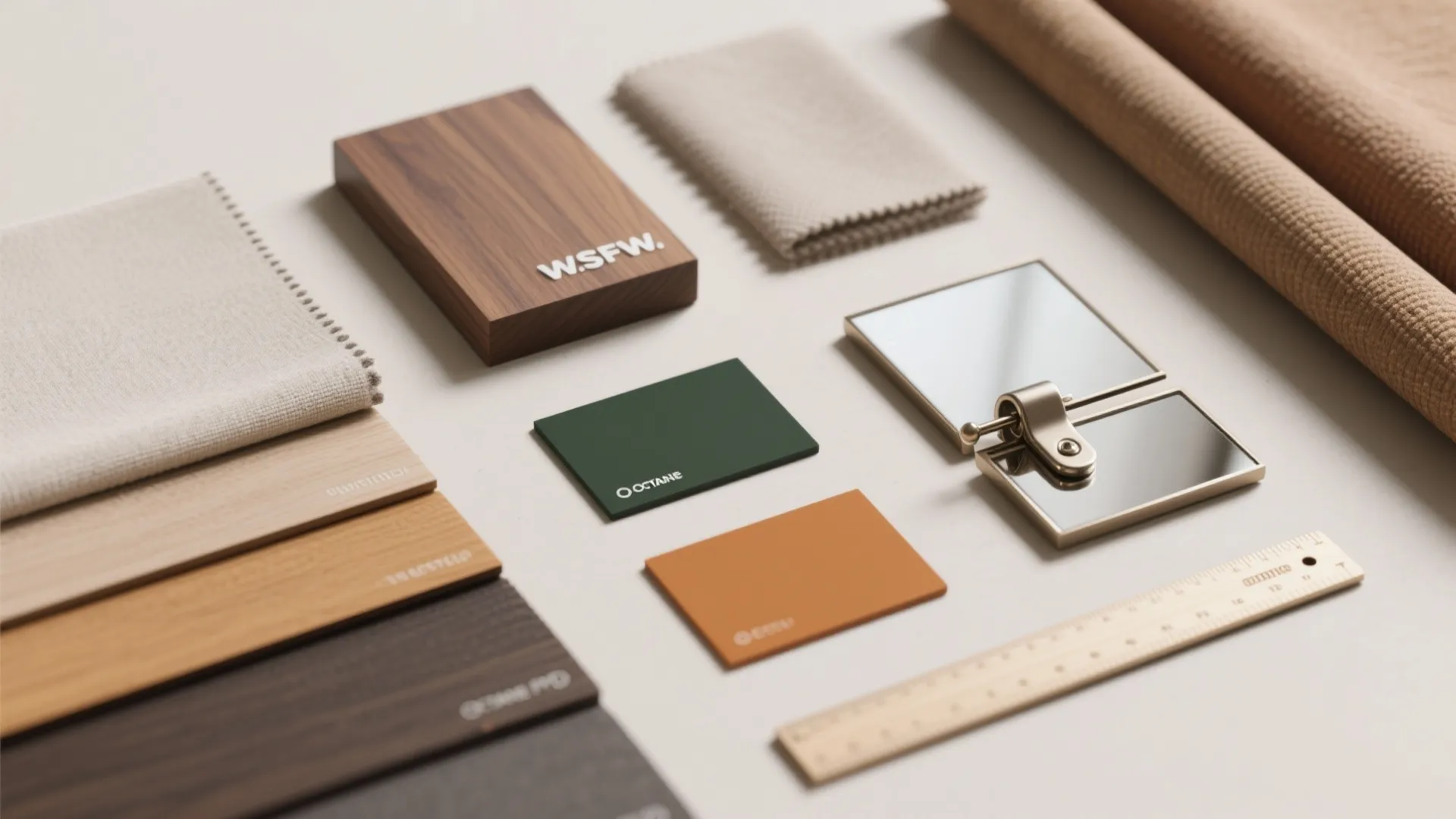 Interior design material board with wood samples, fabric swatches, color cards, ruler, and gold hardware