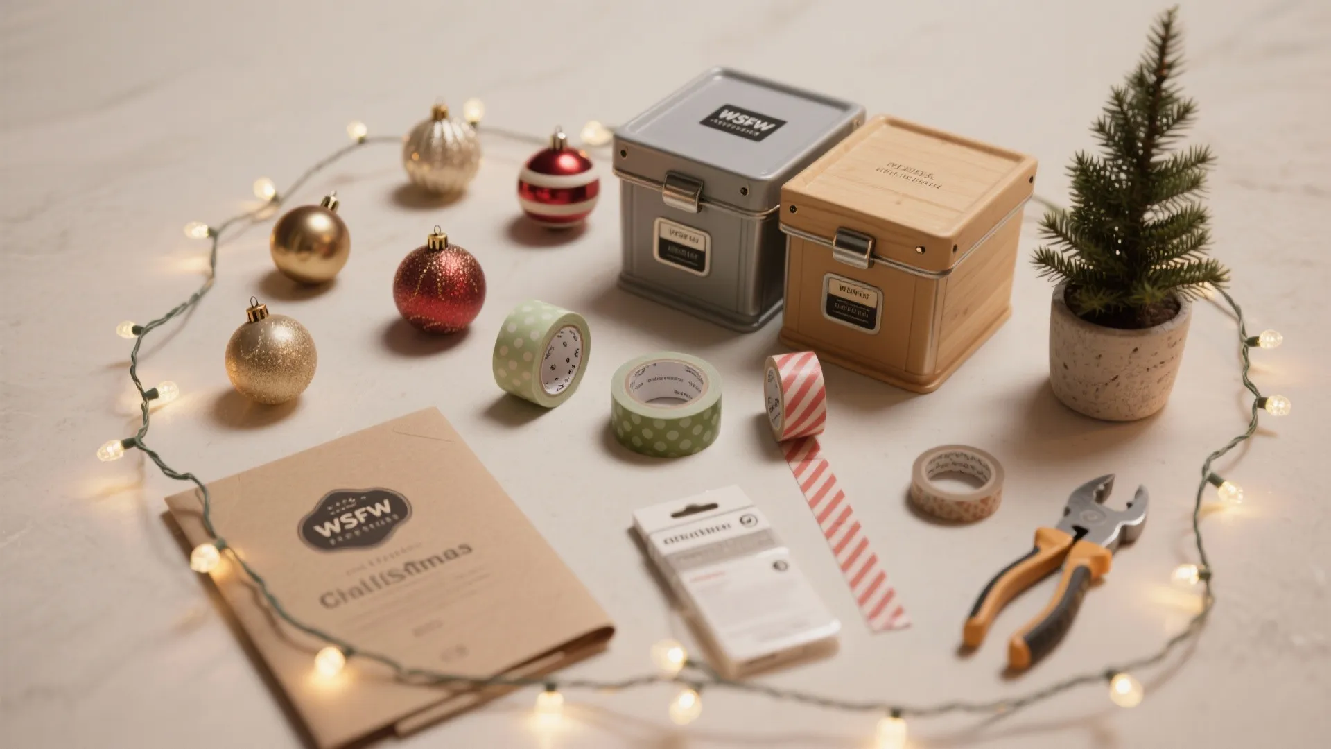 Craft materials including storage boxes tape rolls Christmas ornaments and small tree on a white table