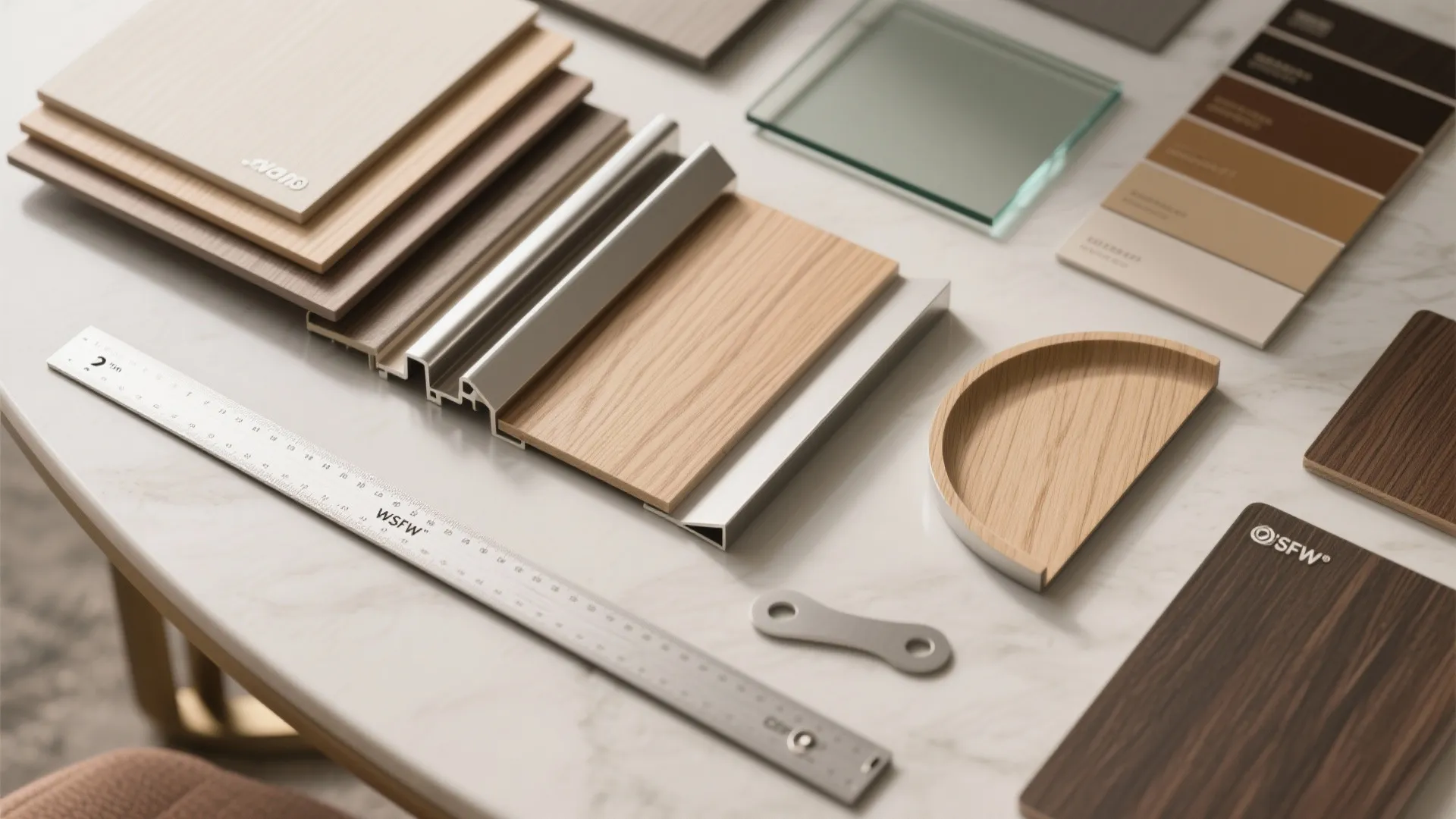 Interior design materials including wood samples glass and metal pieces with a metal ruler on surface