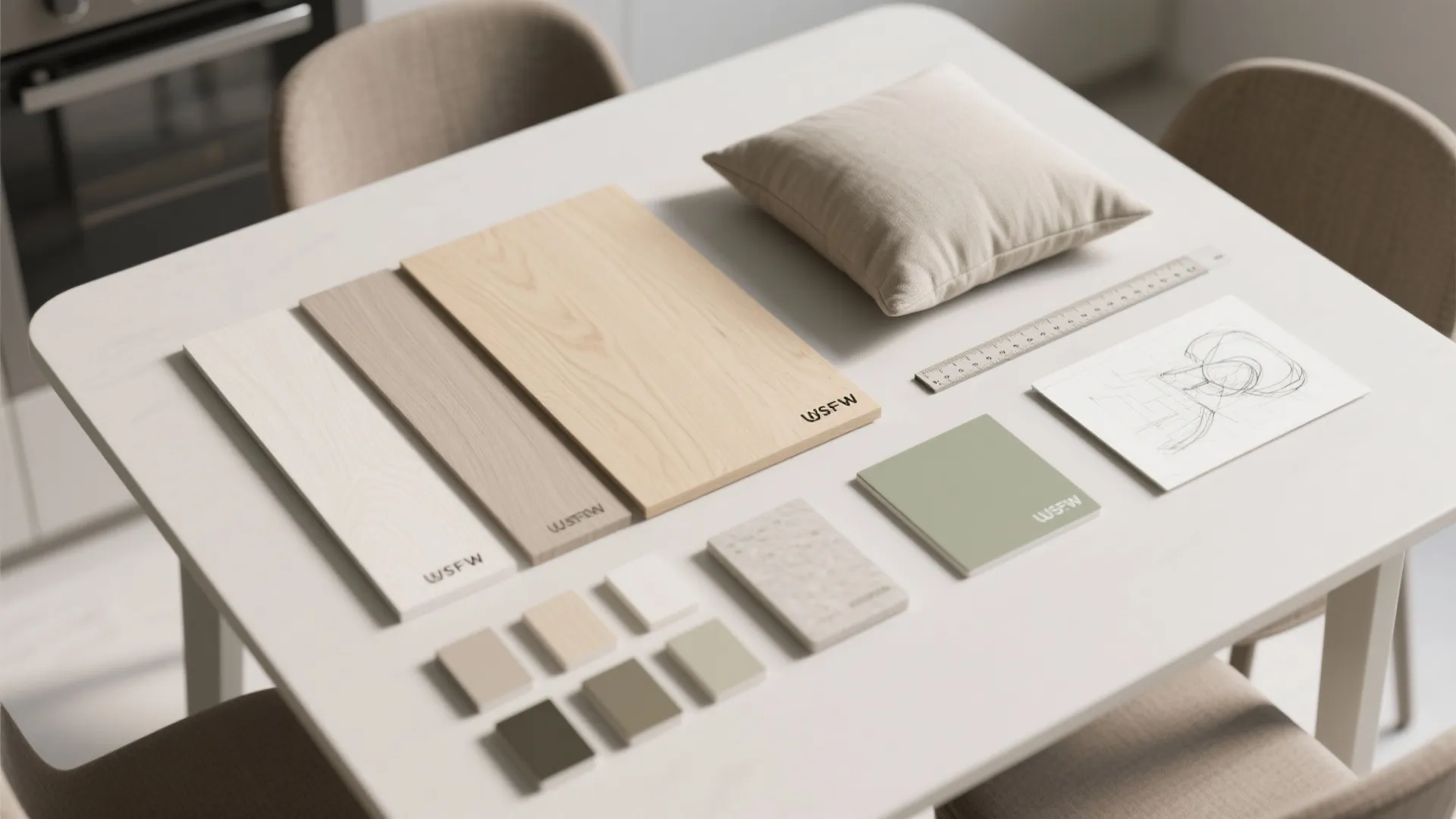 Flatlay of interior design materials featuring wood samples color tiles small cushion and furniture drawing sketch
