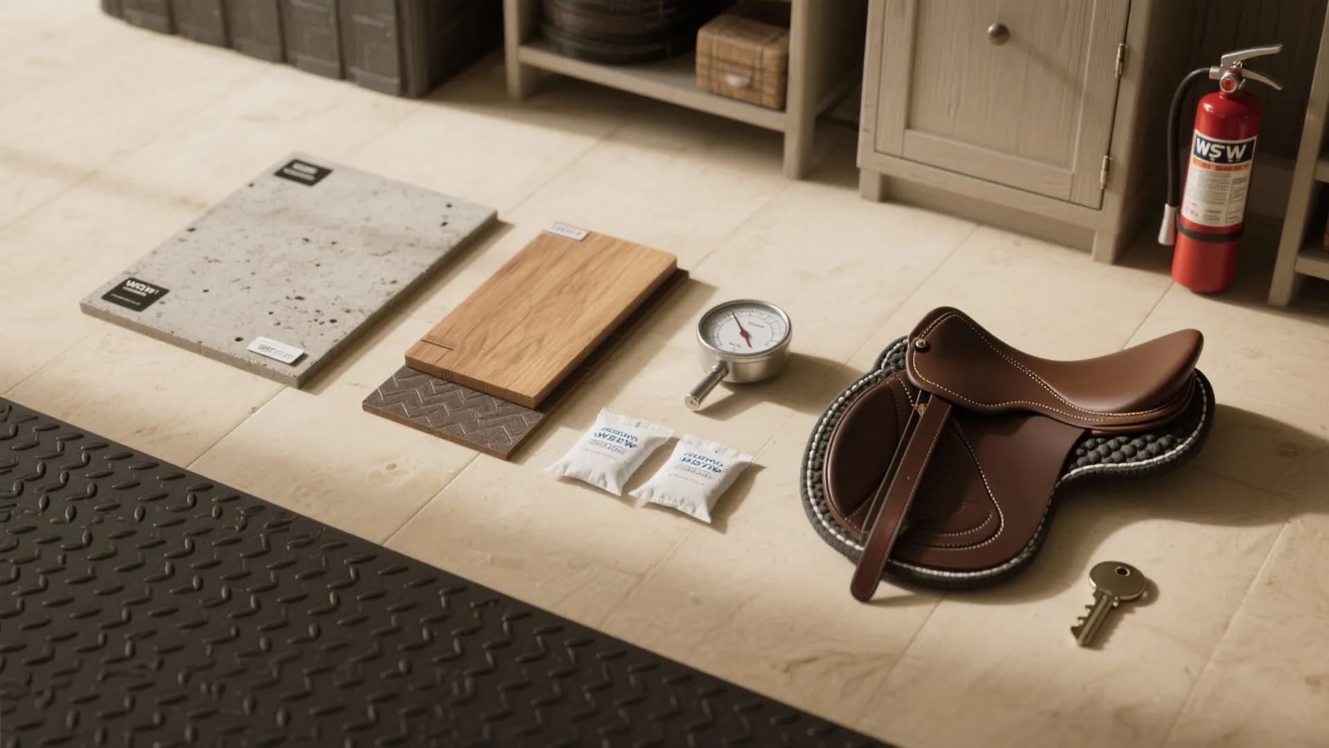 Interior design materials on light floor with wood board stone tile saddle and fire extinguisher