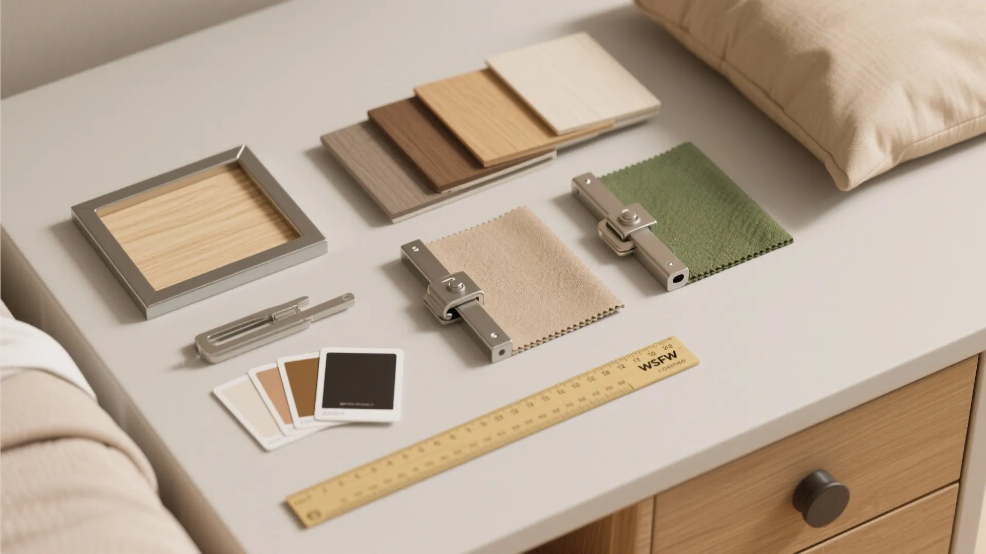 Interior design materials on white desk including wood samples fabric swatches color cards and wooden ruler