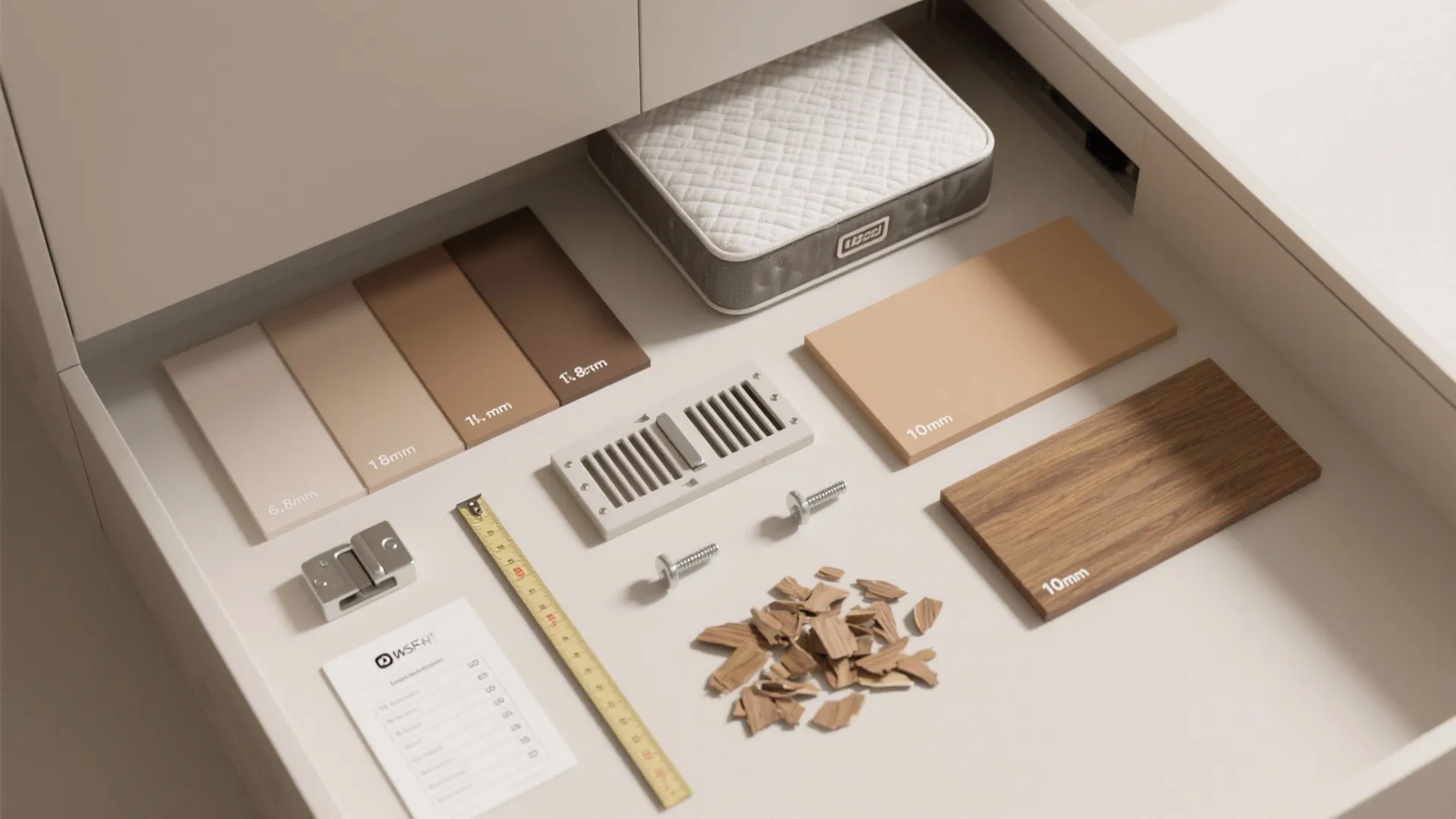 Interior design materials including wood samples, color swatches, measuring tape, and small hardware on white surface
