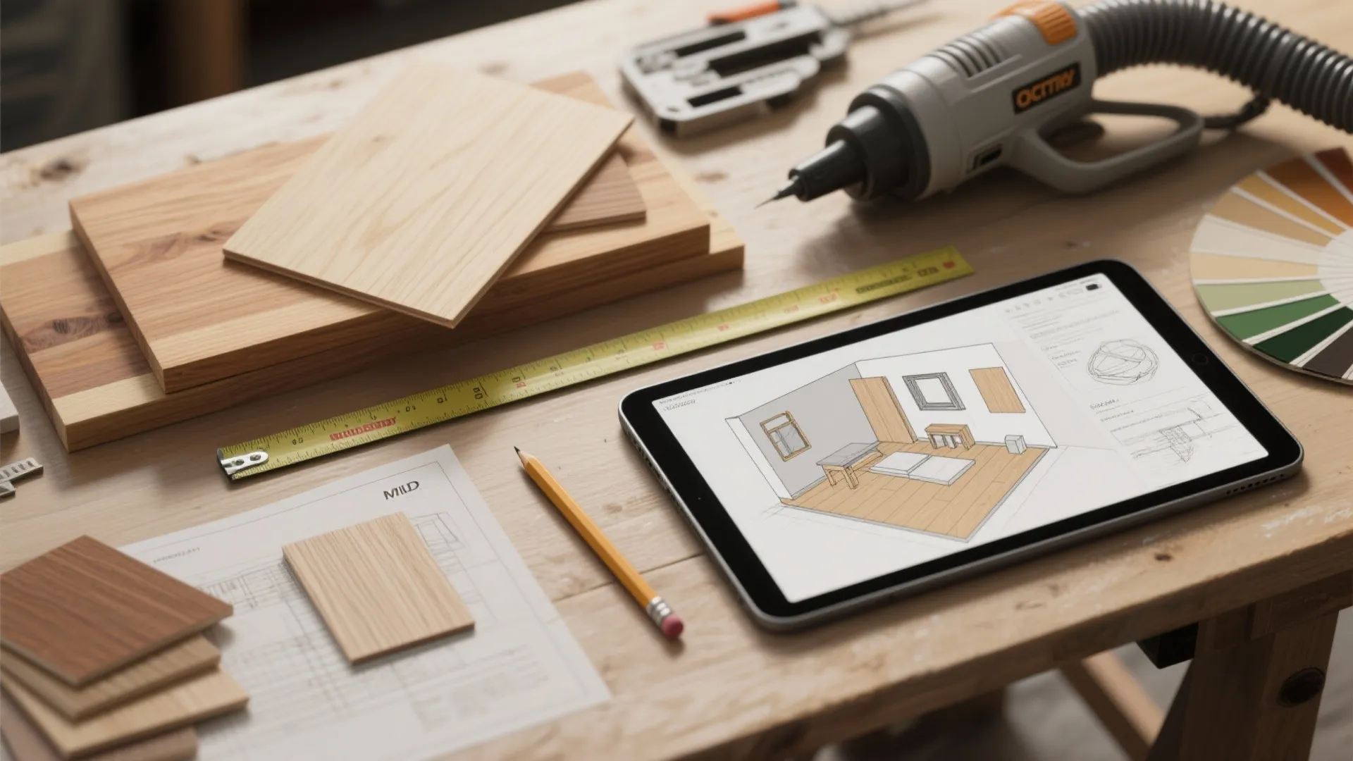 Top-down flatlay of materials, tool samples, and a tablet sketch for planning a DIY craft table.
