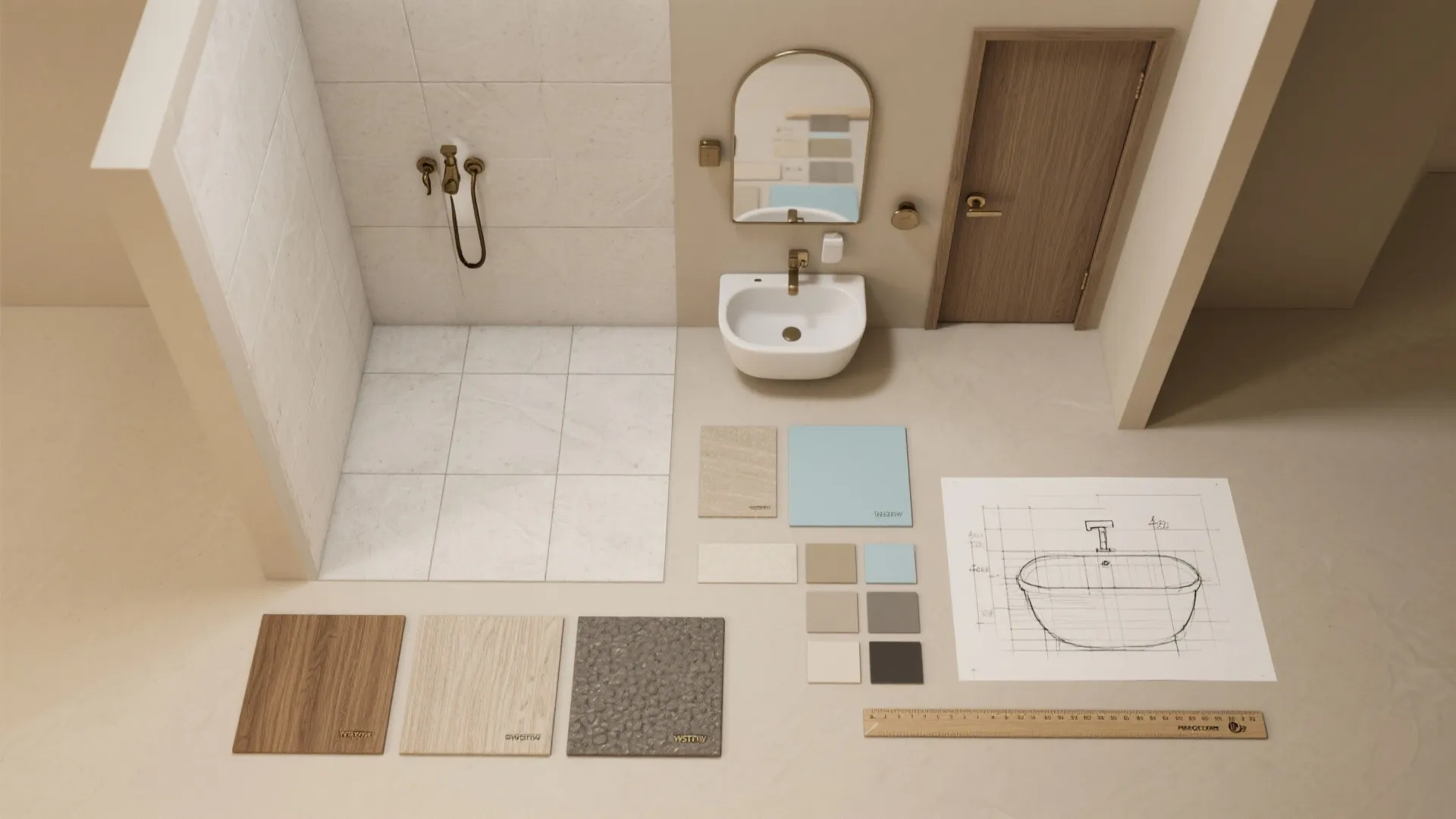 Top-down flatlay of tile and paint samples, hardware swatches and a quick layout sketch for a tiny 4x5 bathroom design.