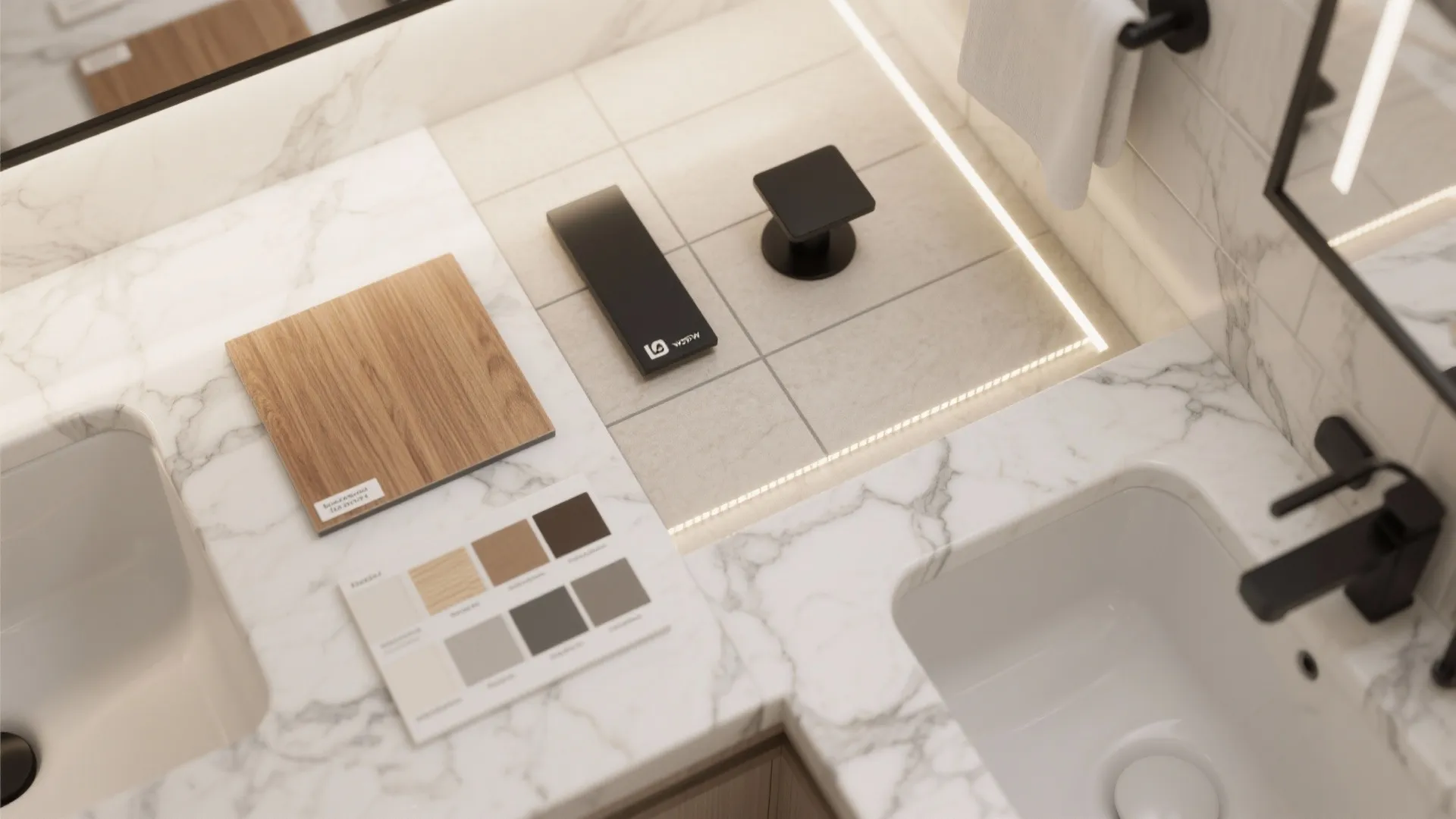 Top-down flatlay of marble-look tile, wood veneer and matte black hardware samples for a small master bath