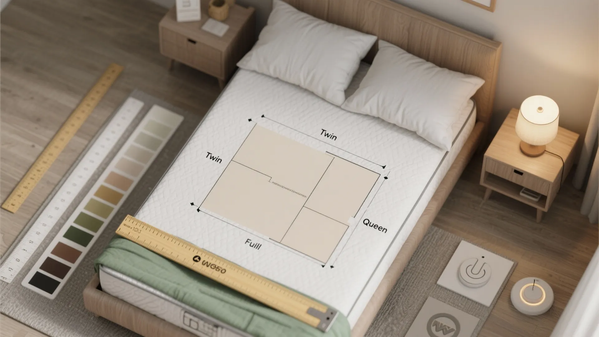 Interior design drawing of mattress sizes placed on a bed with ruler and color samples