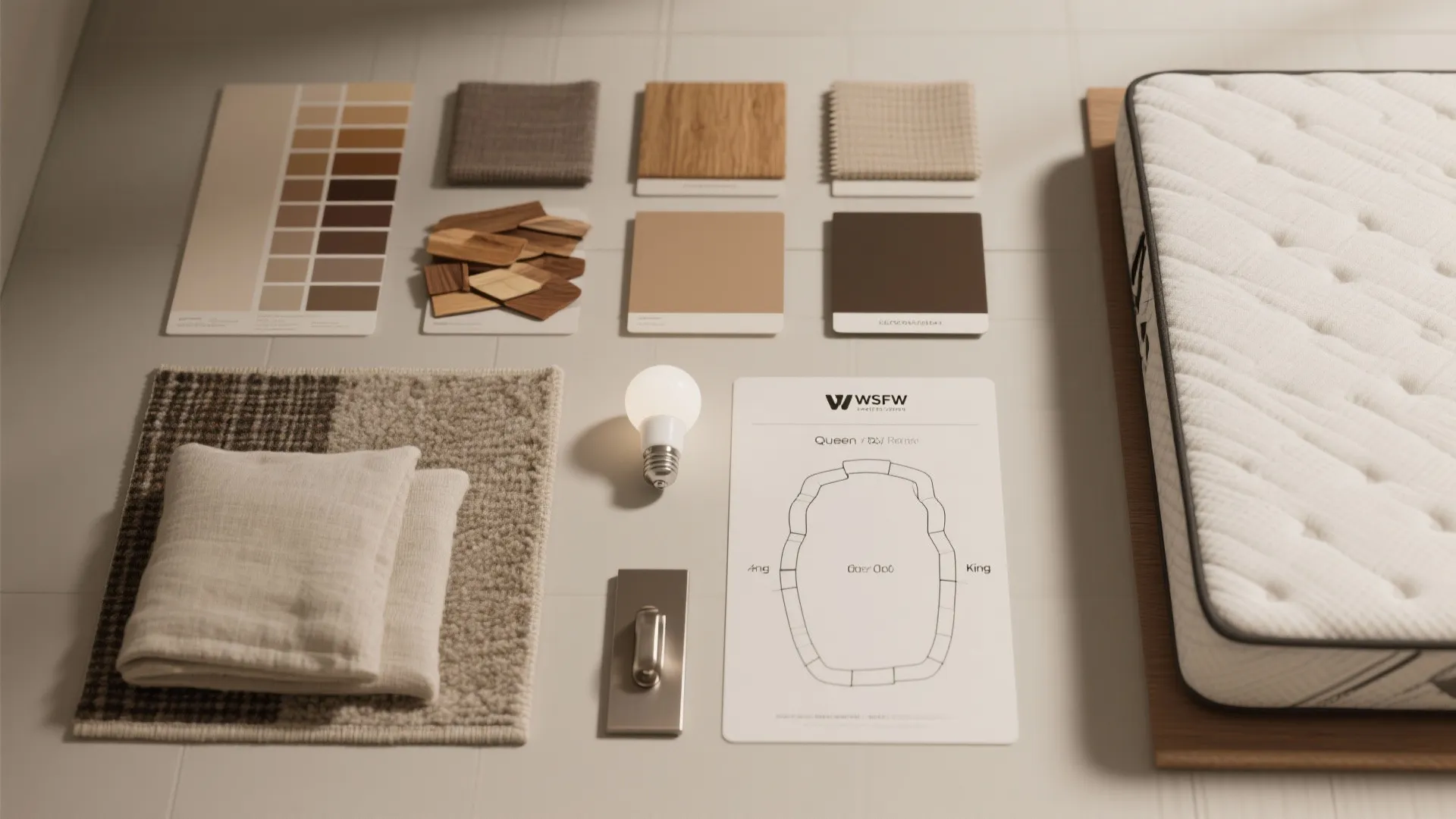 Top-down flatlay of paint swatches, wood and fabric samples, rug tile, bulb and mattress footprint for a small bedroom.