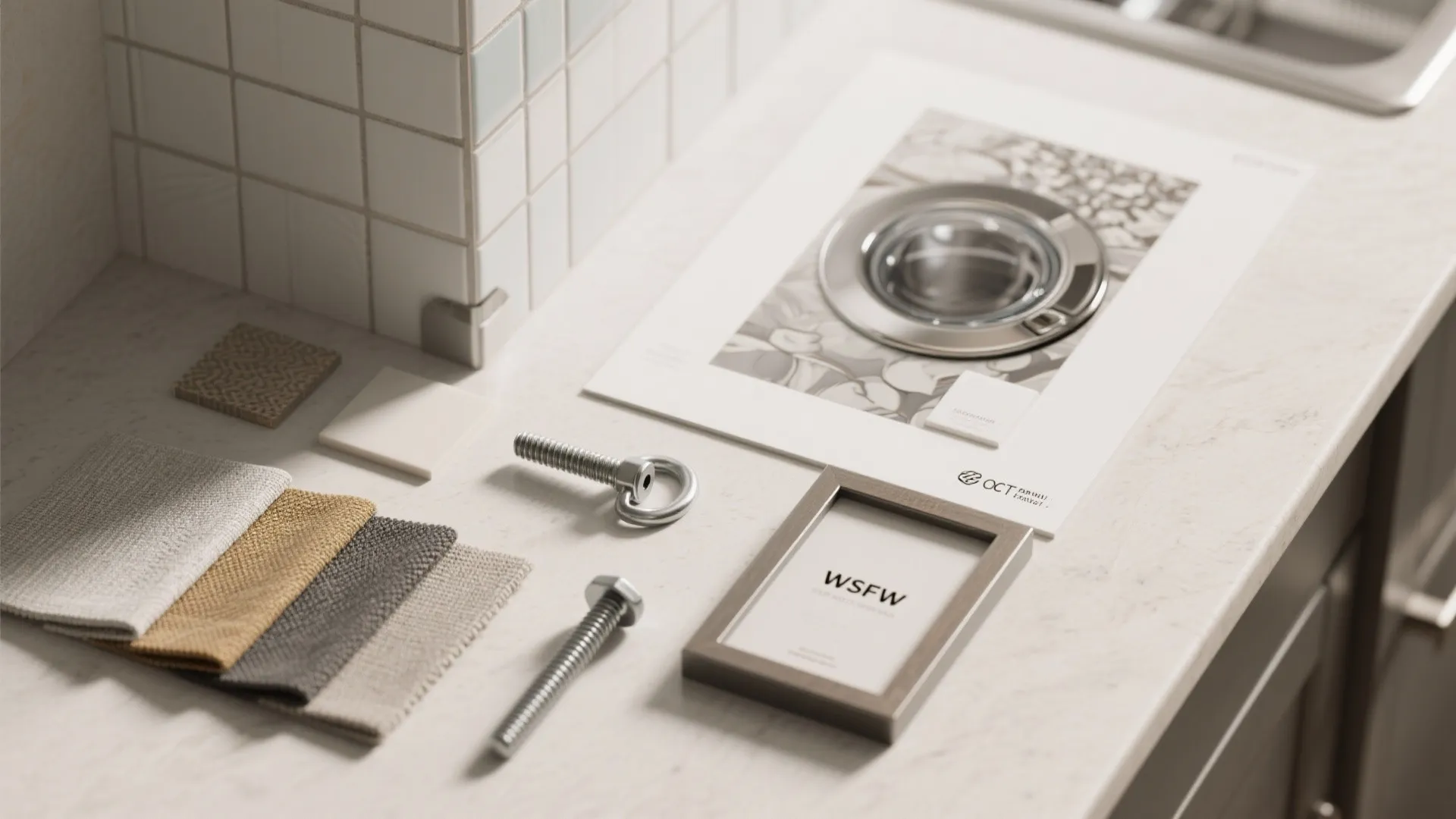 Interior design mood board with fabric samples metal screws and small tiles on a white counter