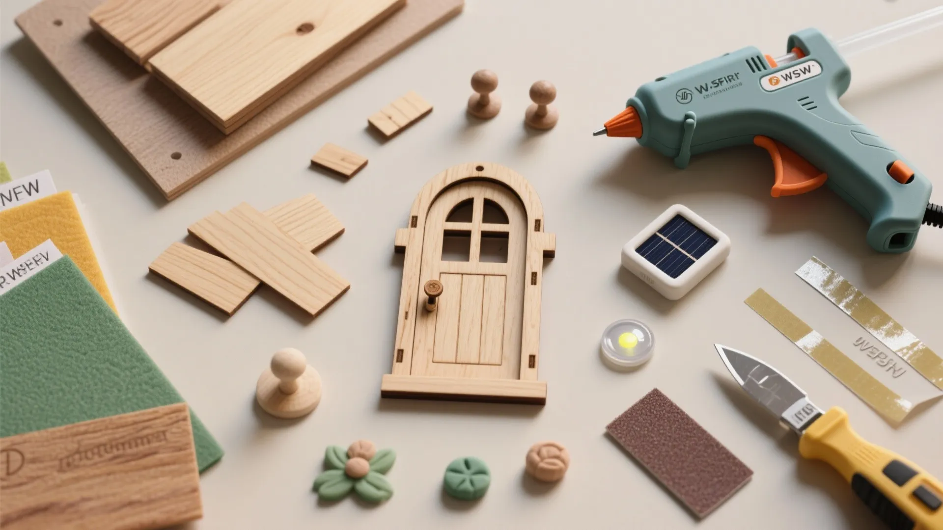 Diy craft materials with wood door pieces glue gun solar panel and tools on white table