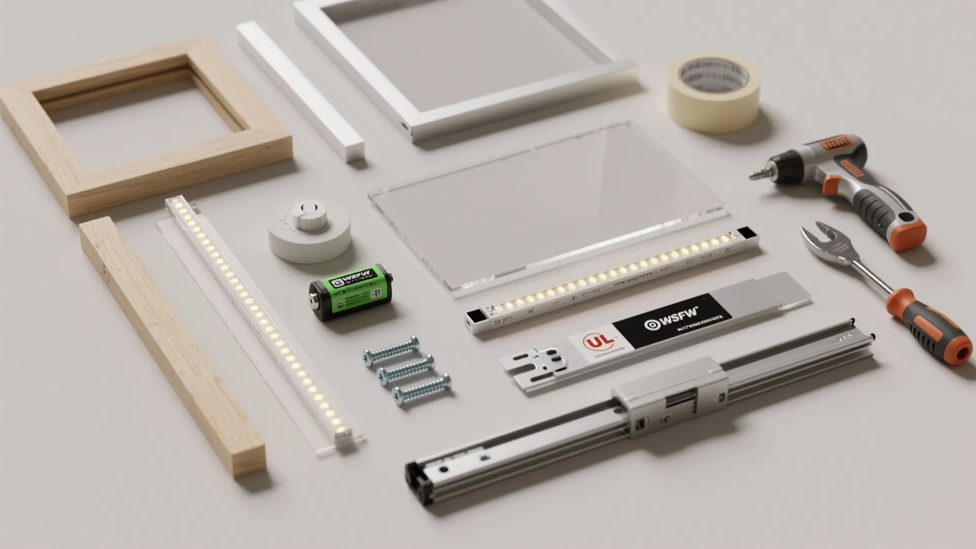 Work surface with light strips wood frames screws a battery tape and small power hand tools