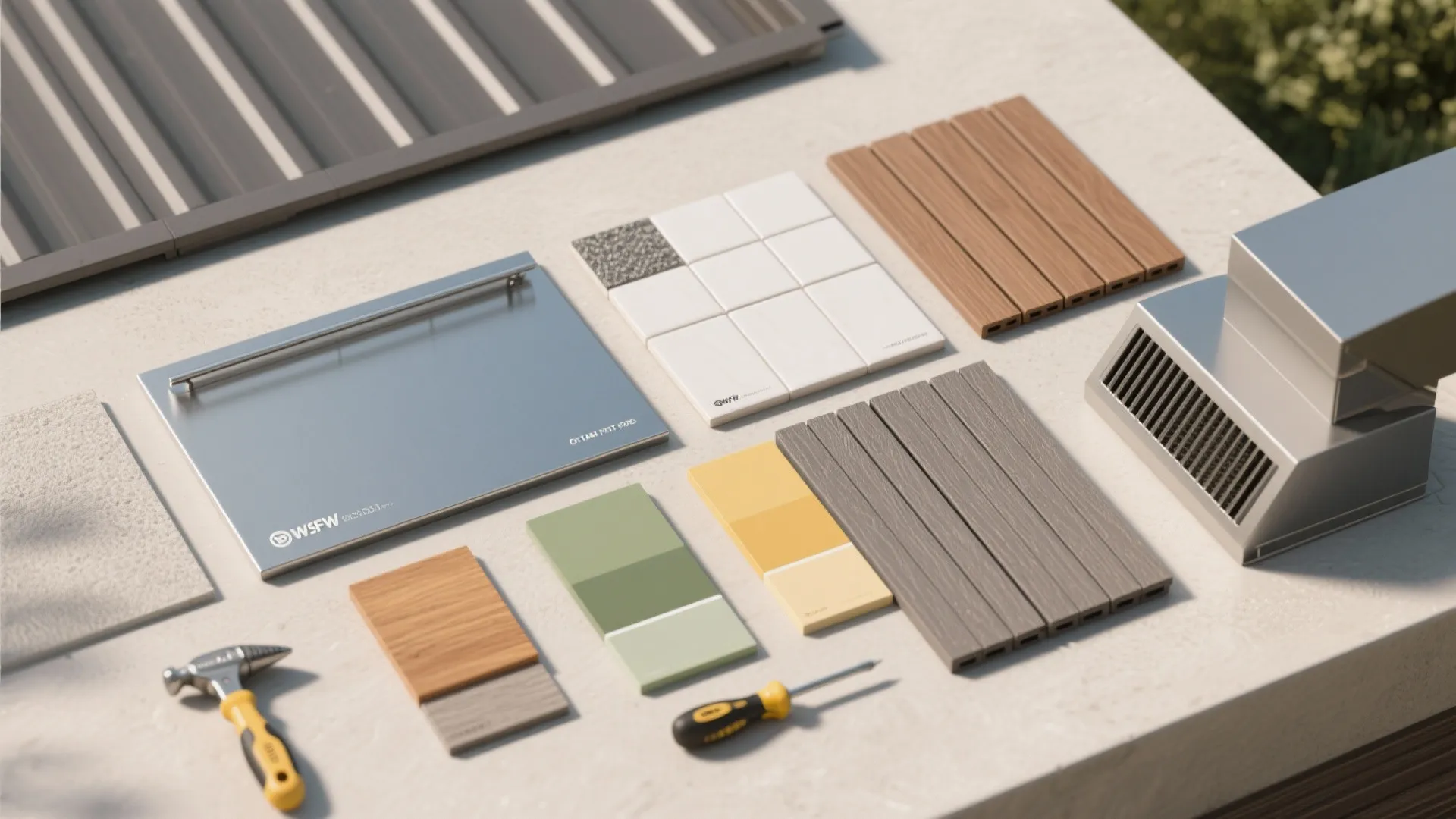Selection of building materials with wood samples tiles metal plates hammer and screwdriver on concrete surface