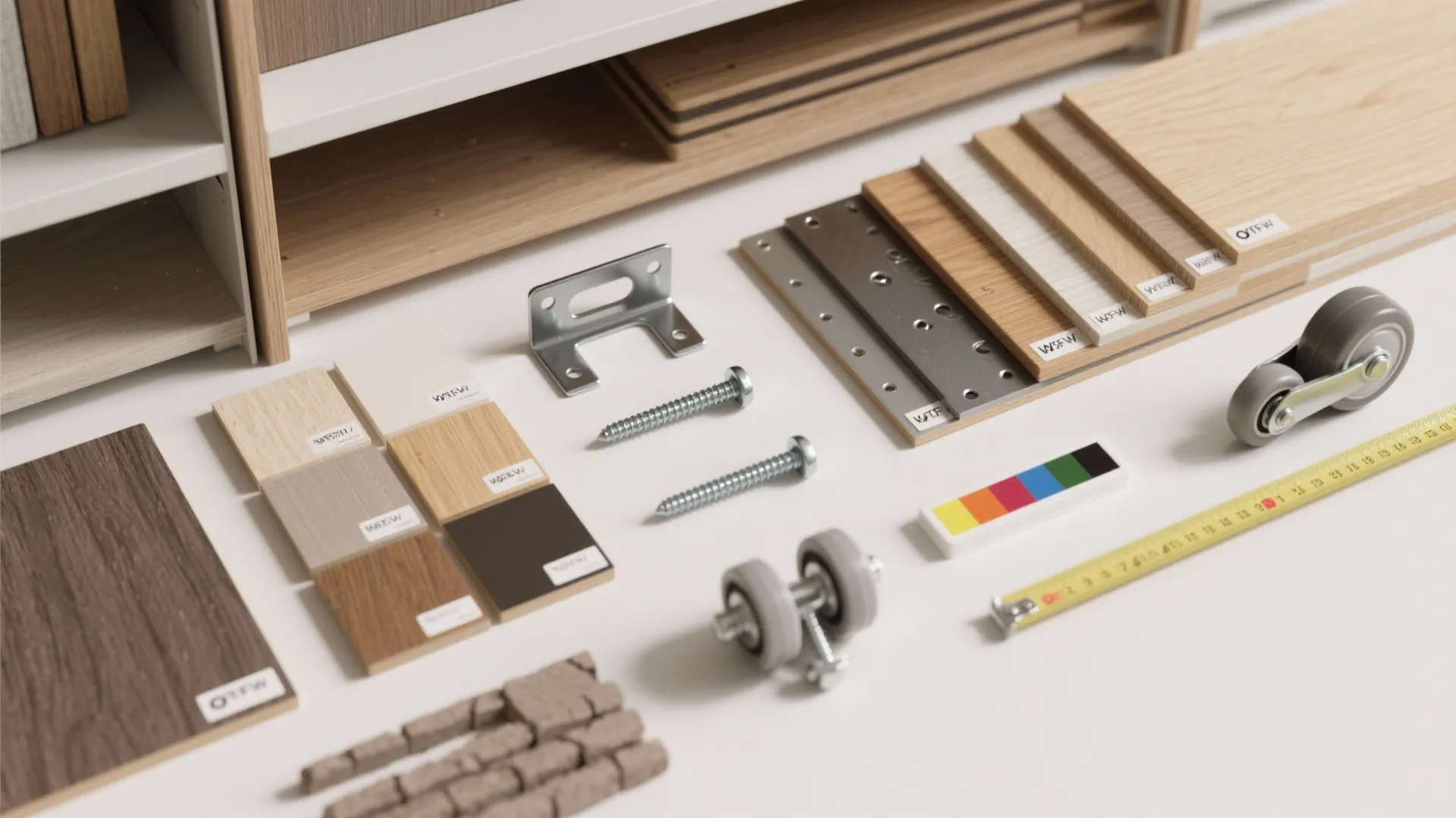 Top-down flatlay of shelving materials: plywood veneers, powder-coated steel swatches, brackets and anchors
