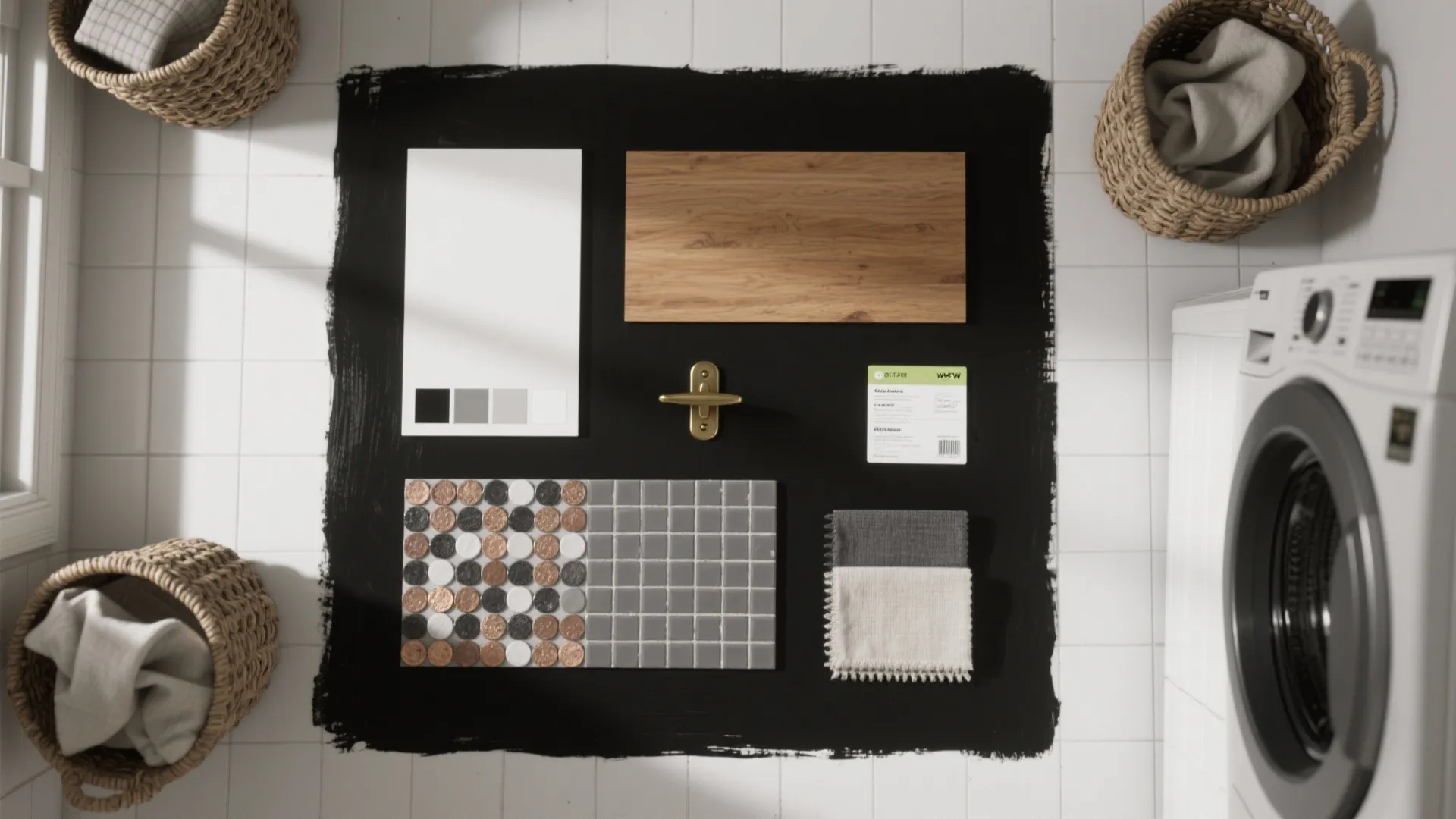 Interior design drawing showing floor tiles wood panel fabric samples and laundry room baskets with washer