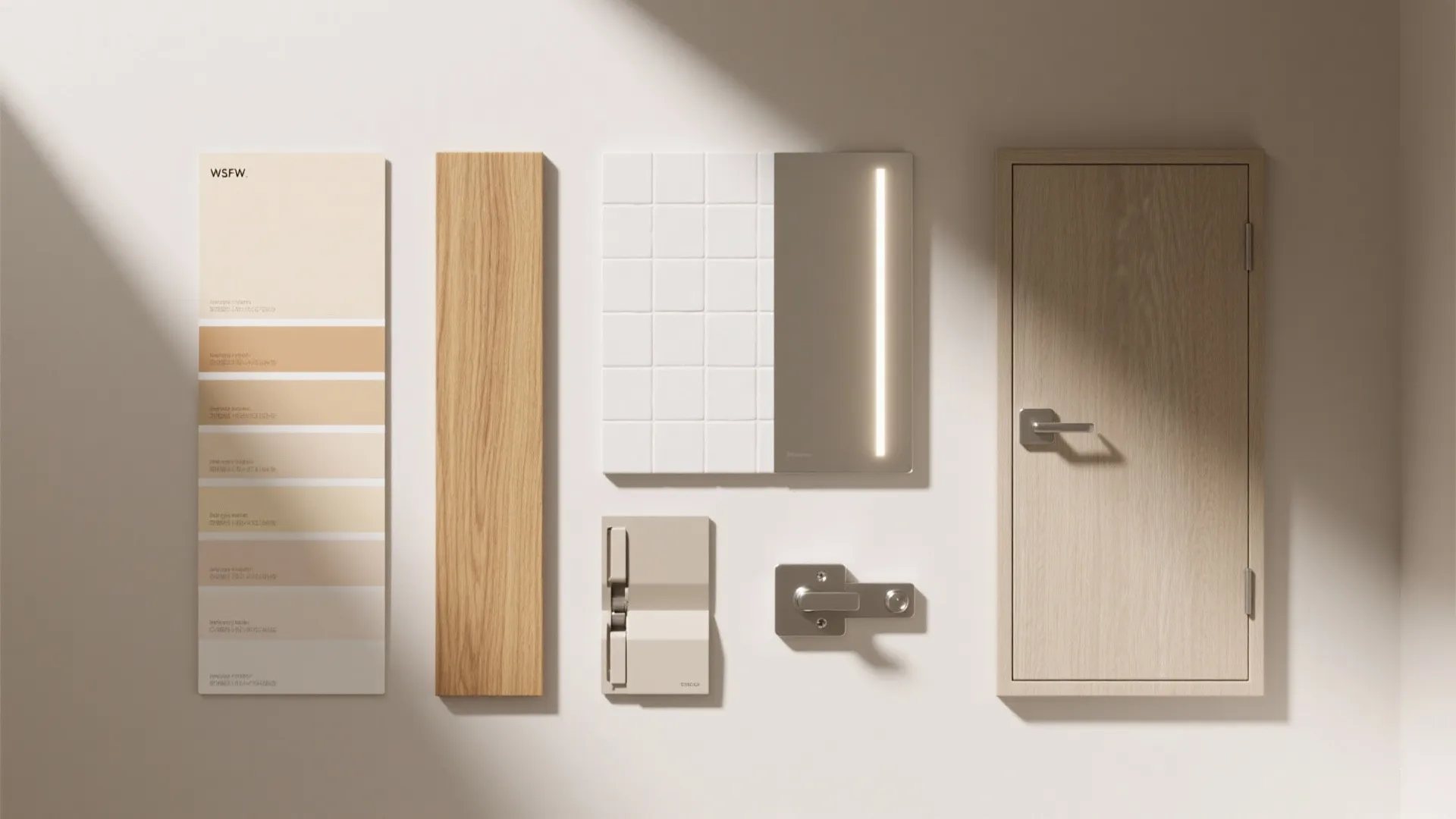 Interior design materials including wood plank color swatches white wall tiles and a small door