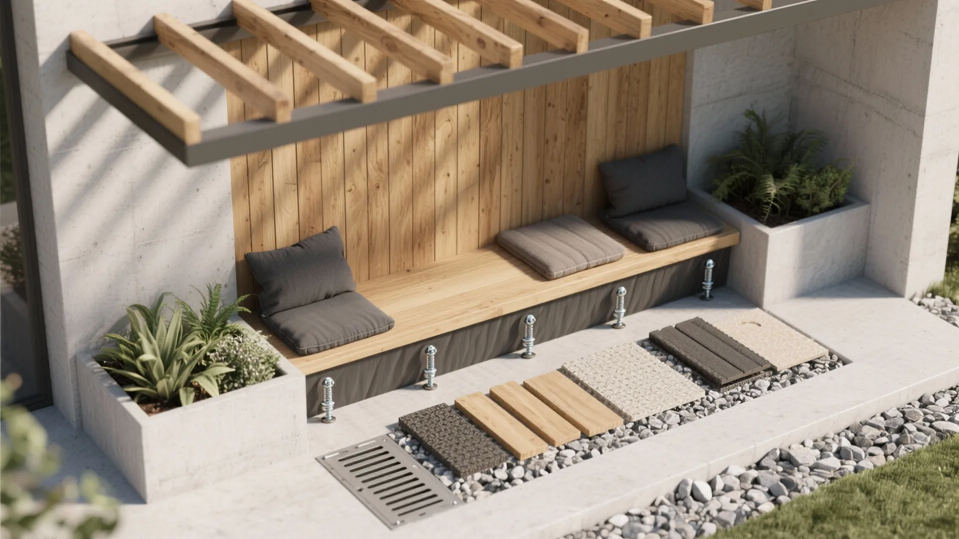 Built-In Benches and Planters Under the Pergola