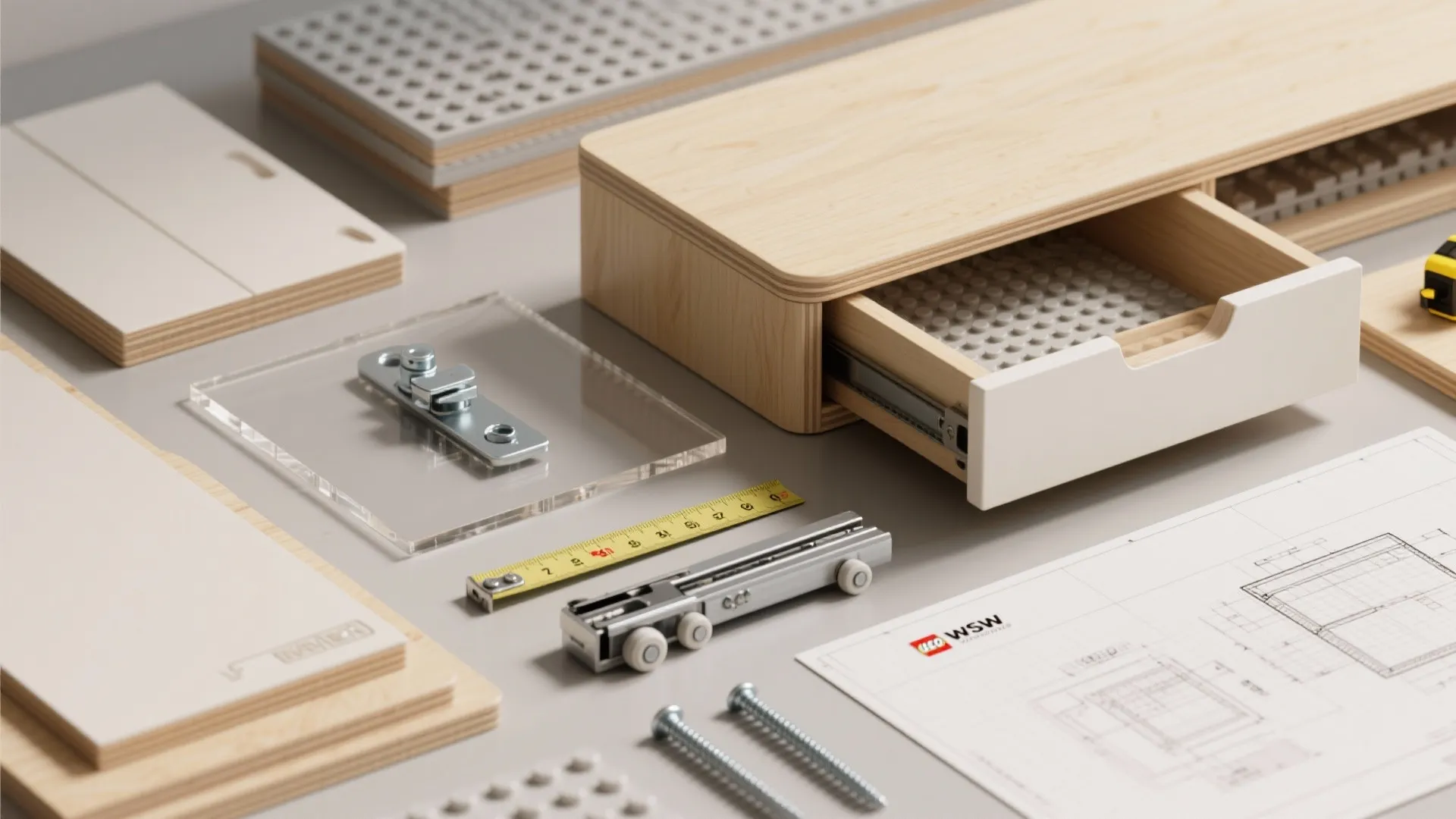Cabinet parts with wooden boards plus screws and measuring tape next to an interior design drawing