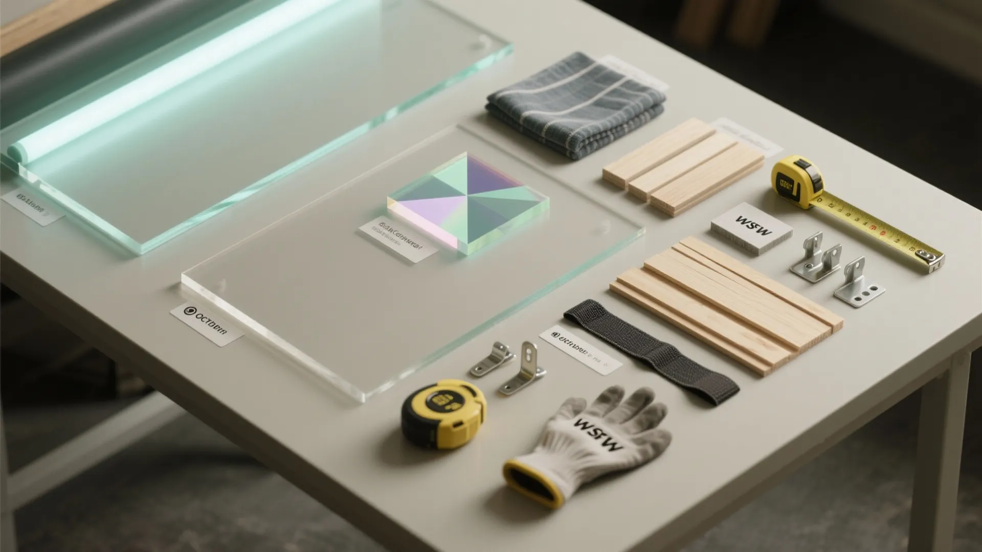 Interior design materials including glass panels wood pieces measuring tape and gloves on a table